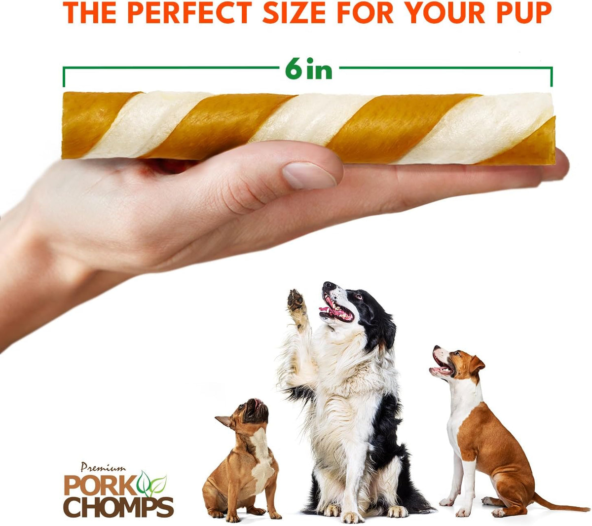 Pork Chomps Roasted Pork Skin Dog Chews, Long Lasting 6in Twists, 4 Count
