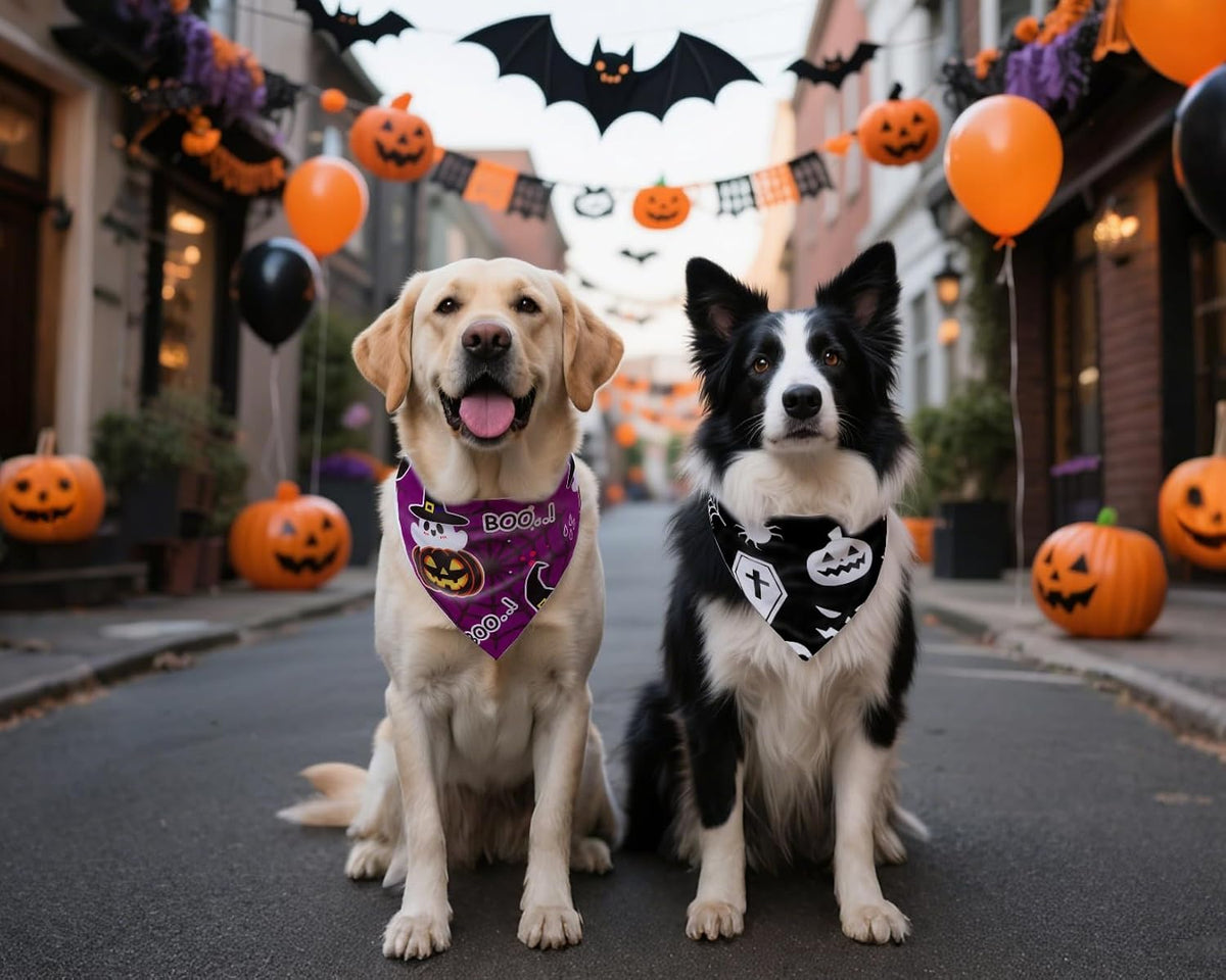 Halloween Dog Bandanas,Pumpkin and Cute Ghost Pet Scarf,Seasonal Outfit for Boy and Girl Dogs,Reversible Holiday Dog Costume for Medium to Large Dogs(2PCS,Purple,Black&White)