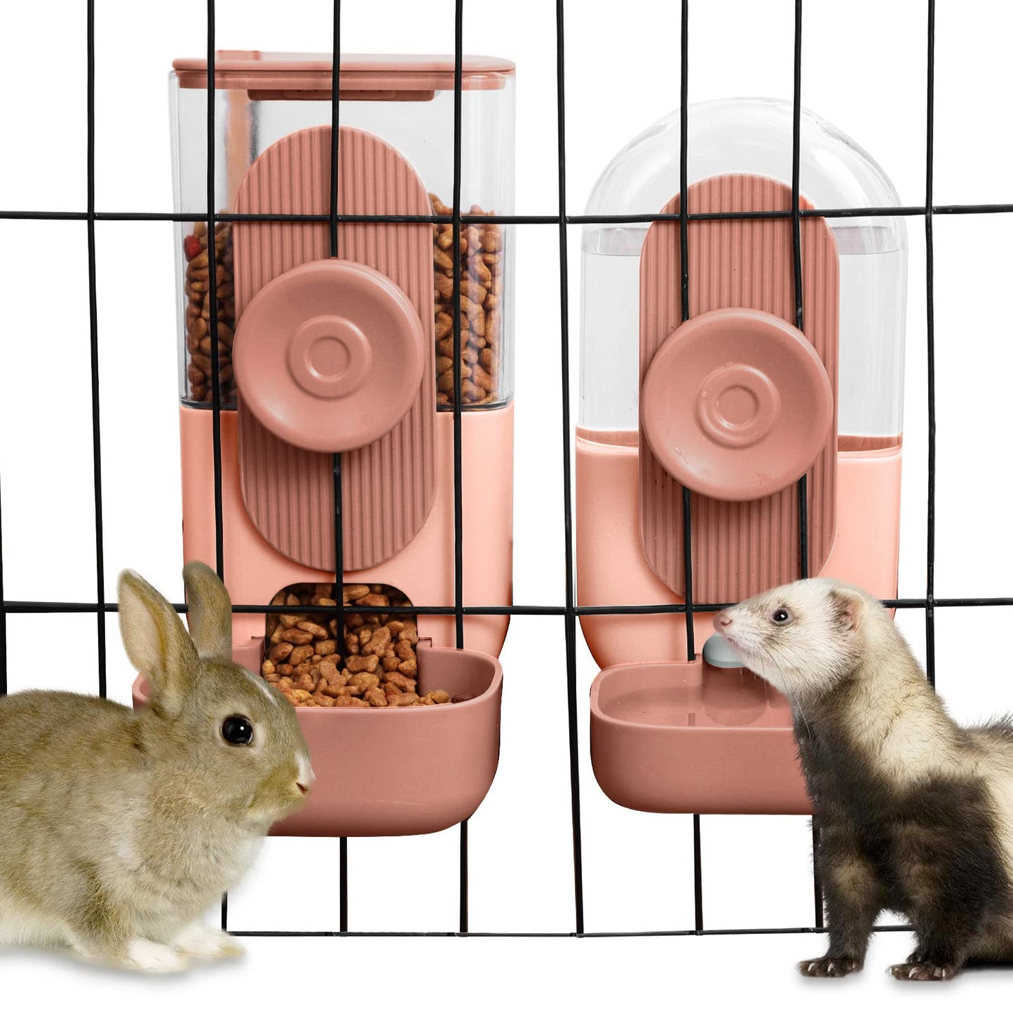 Lemtrflo Hanging Automatic Food and Water Dispenser, Gravity Rabbit Feeder Set, Cage Cat and Bunny Food Bowl (Cage Grid Spacing Over 1.2'')