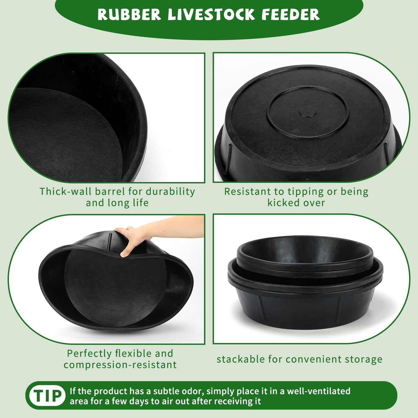 2Pcs Rubber Feed Pan, 1 Gallon Horse Feed Bucket Utility Feed Bucket, 10.6 x 4.1Inches Rubber Bowl Chicken Dust Bath Livestock Water Bowl for Pig Goat Chicken Dogs Farm Small Animal