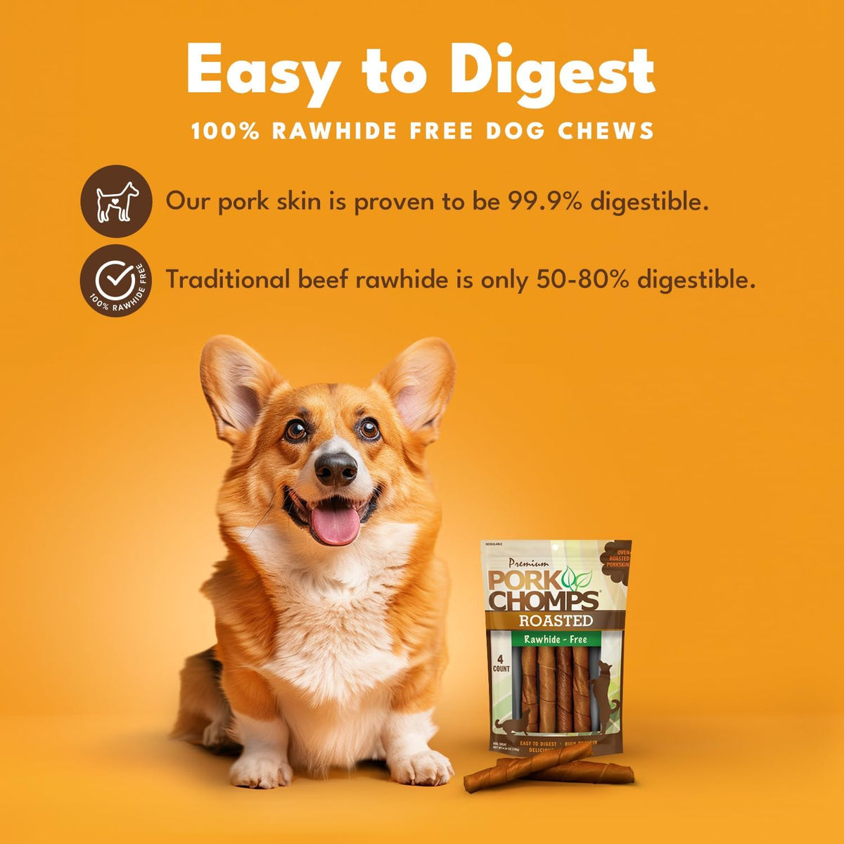 Pork Chomps Roasted Pork Skin Dog Chews, Long Lasting 6in Twists, 4 Count