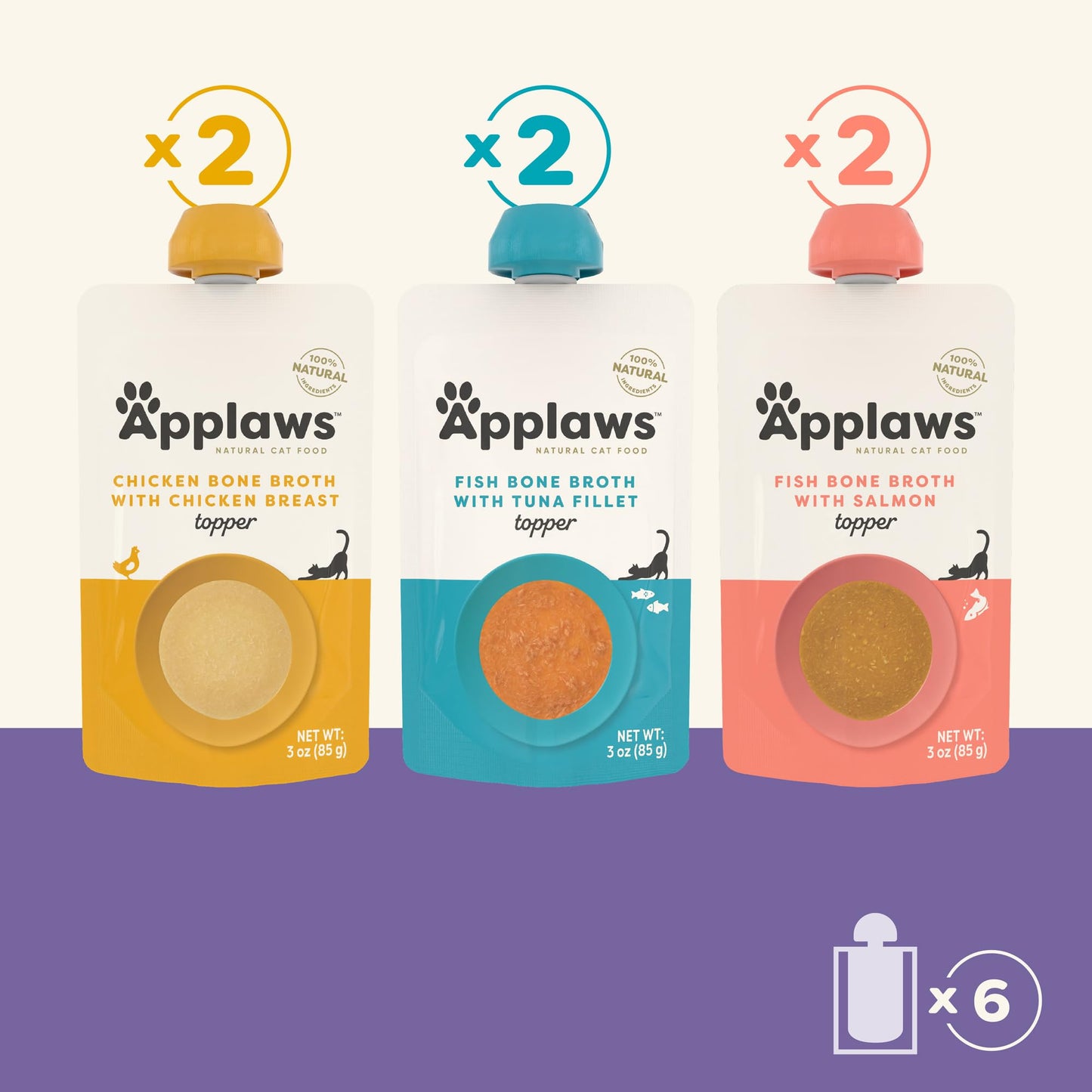 Applaws Natural Bone Broth Wet Cat Food Topper, Limited Ingredient Broth for Cats, Protein Wet Food Topper for Cats, Fish and Chicken Variety Pack(6 x 3oz Spout Pouches)