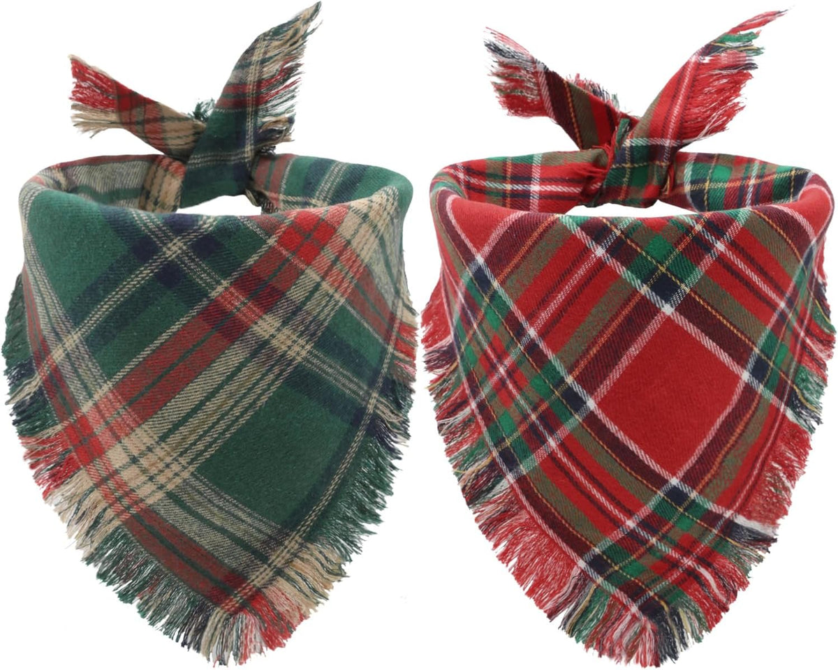 Christmas Dog Bandanas 2PCS-Large,Red-Green Plaid Scarf w/Tassels for Dogs