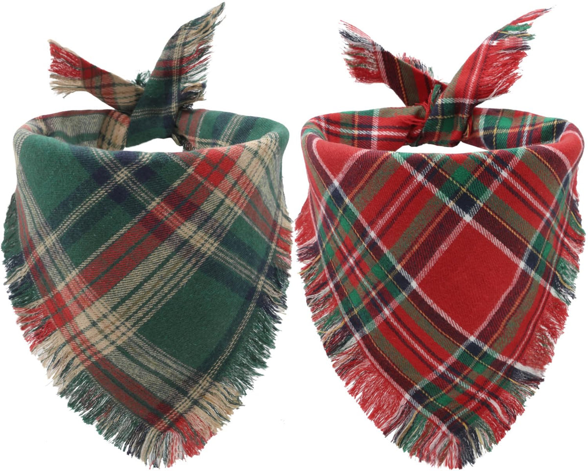 Christmas Dog Bandanas 2PCS-Large,Red-Green Plaid Scarf w/Tassels for Dogs