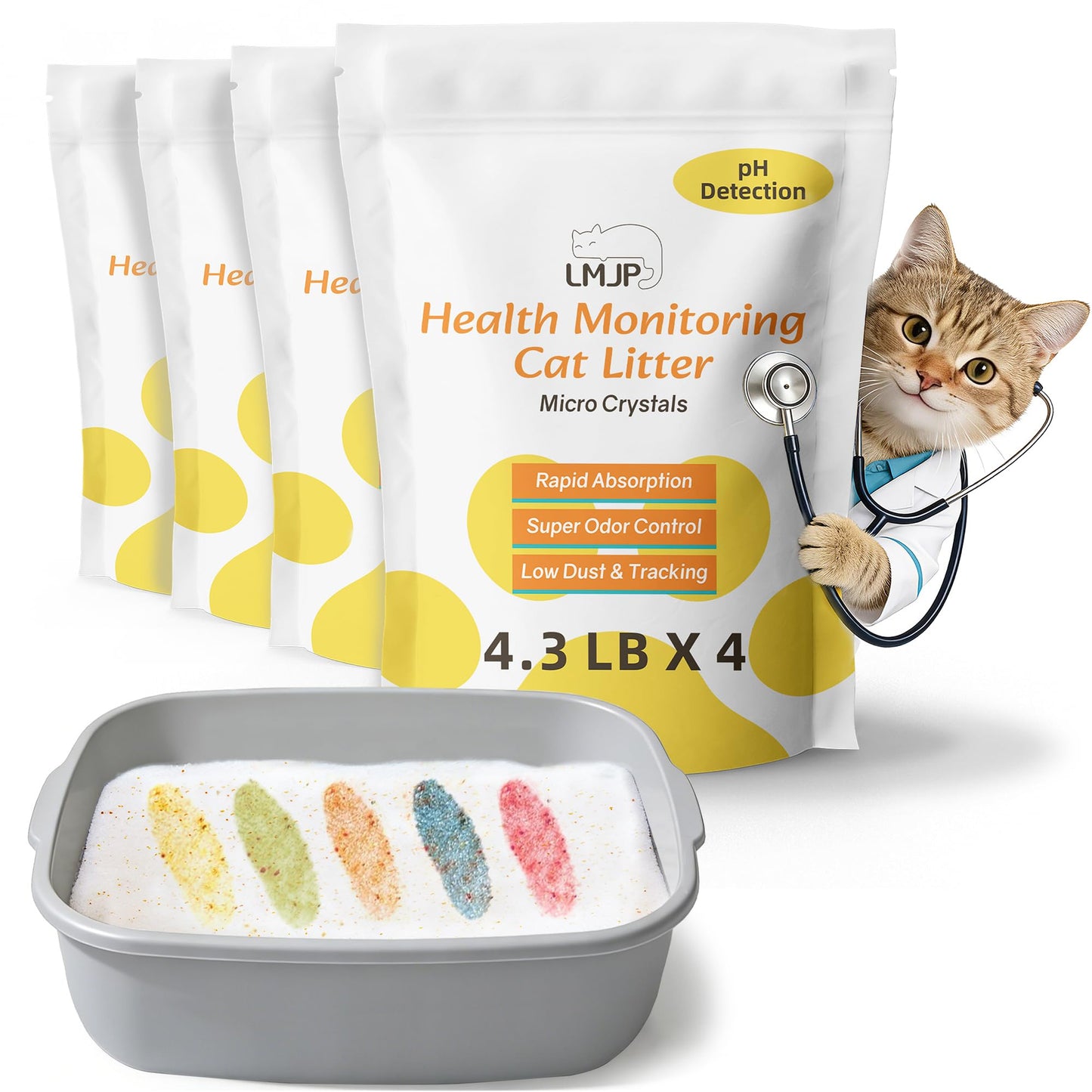 LMJP Crystal Cat Litter with Powerful Odor Control, Non-Clumping, Lasts Up to 2 Months, 8.6lb, Rapid Water Absorption, Unscented & Low Tracking Lightweight Blue & White Silica, 2 Pack of 4.3lb