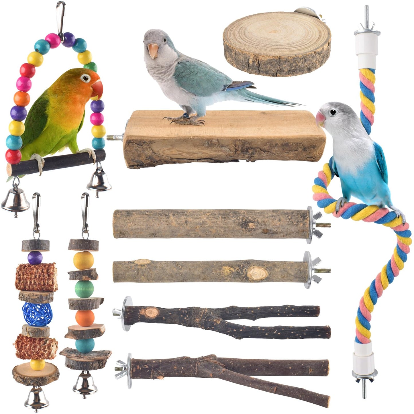 Bissap Bird Chew Toys, 7 Packs Parakeet Natural Wood Toys Parrot Hanging Cage Toy Perch Stand for Small Birds Conure Cockatiel Parrotlet Lovebird Budgie