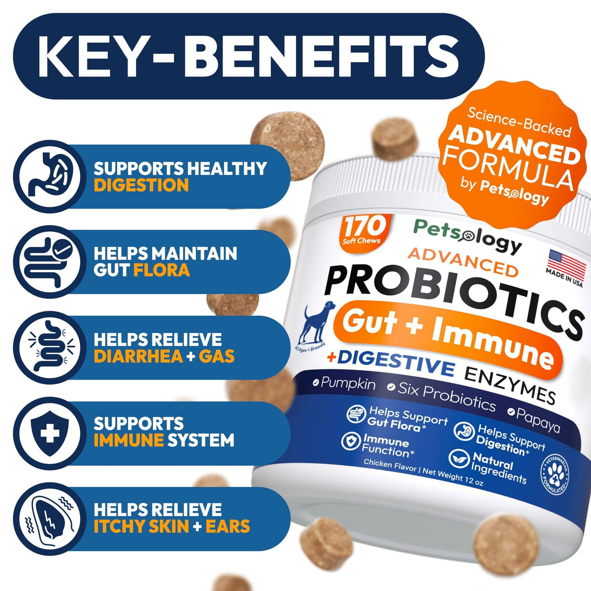 Probiotics for Dogs 170 Chews Digestive Enzymes & Prebiotics Gut Health
