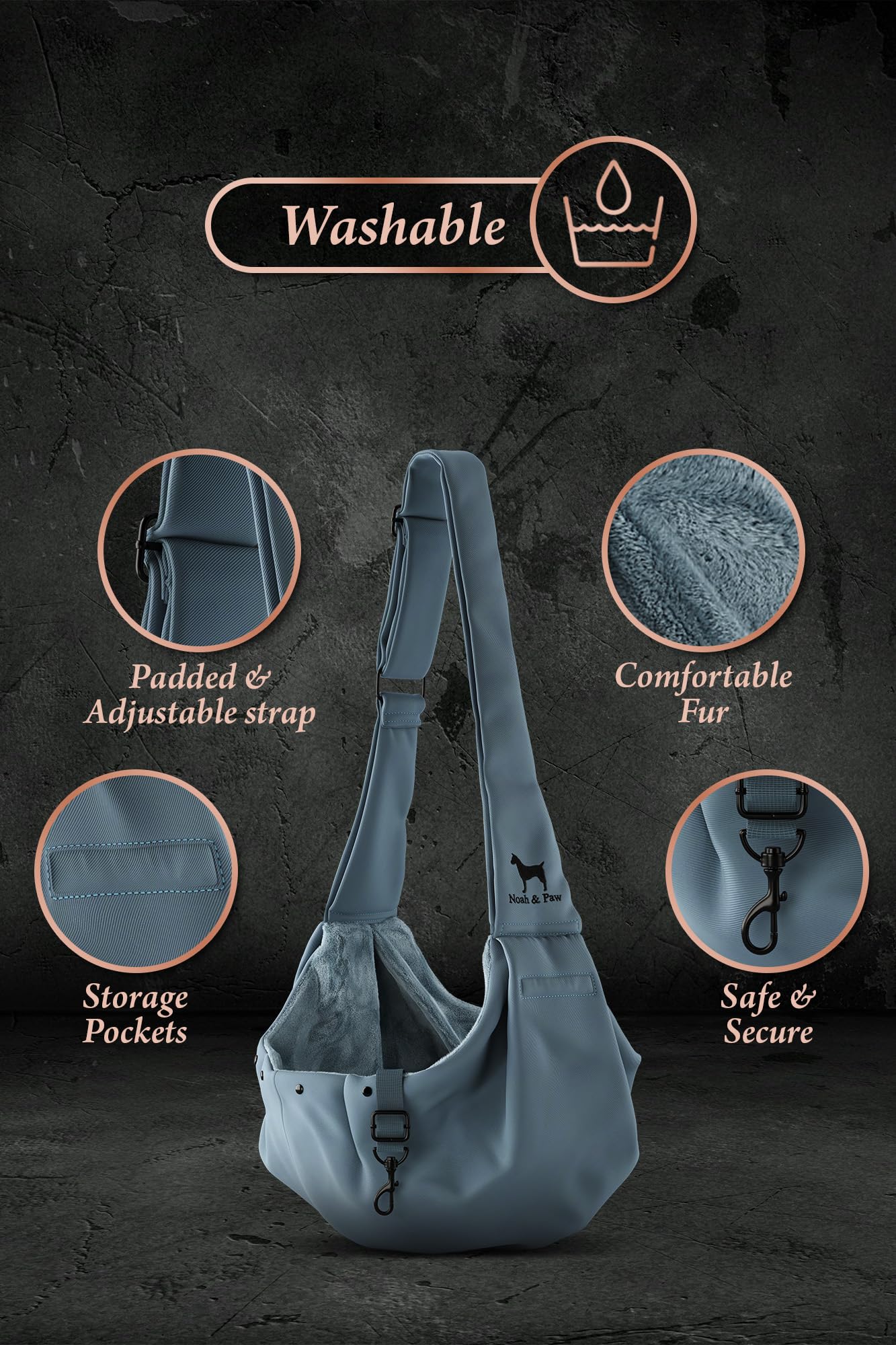 Noah & Paw Dog Sling Carrier for Small Dogs 5-18lb, Dog Sling for Small Dogs and Cats, Dog Carrier with Adjustable Padded Strap, Premium Twill, Lined with Fur, Double Safety Feature, Machine Washable