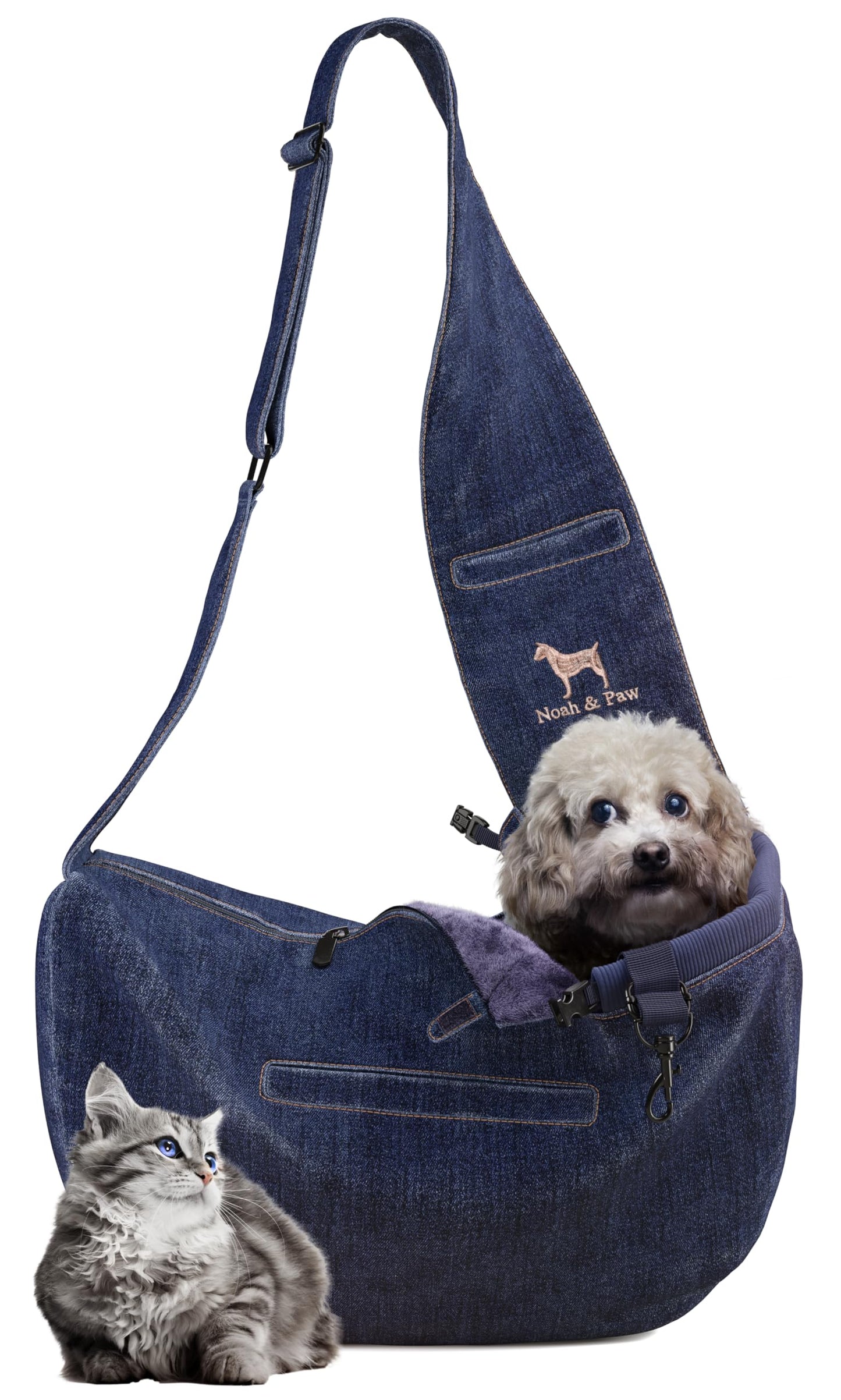 Noah & Paw Dog Sling Carrier for Small Dogs 5-18lb, Dog Sling for Small Dogs and Cats, Dog Carrier with Adjustable Padded Strap, Denim Lined with Fur, 3X Safety Features, Machine Washable