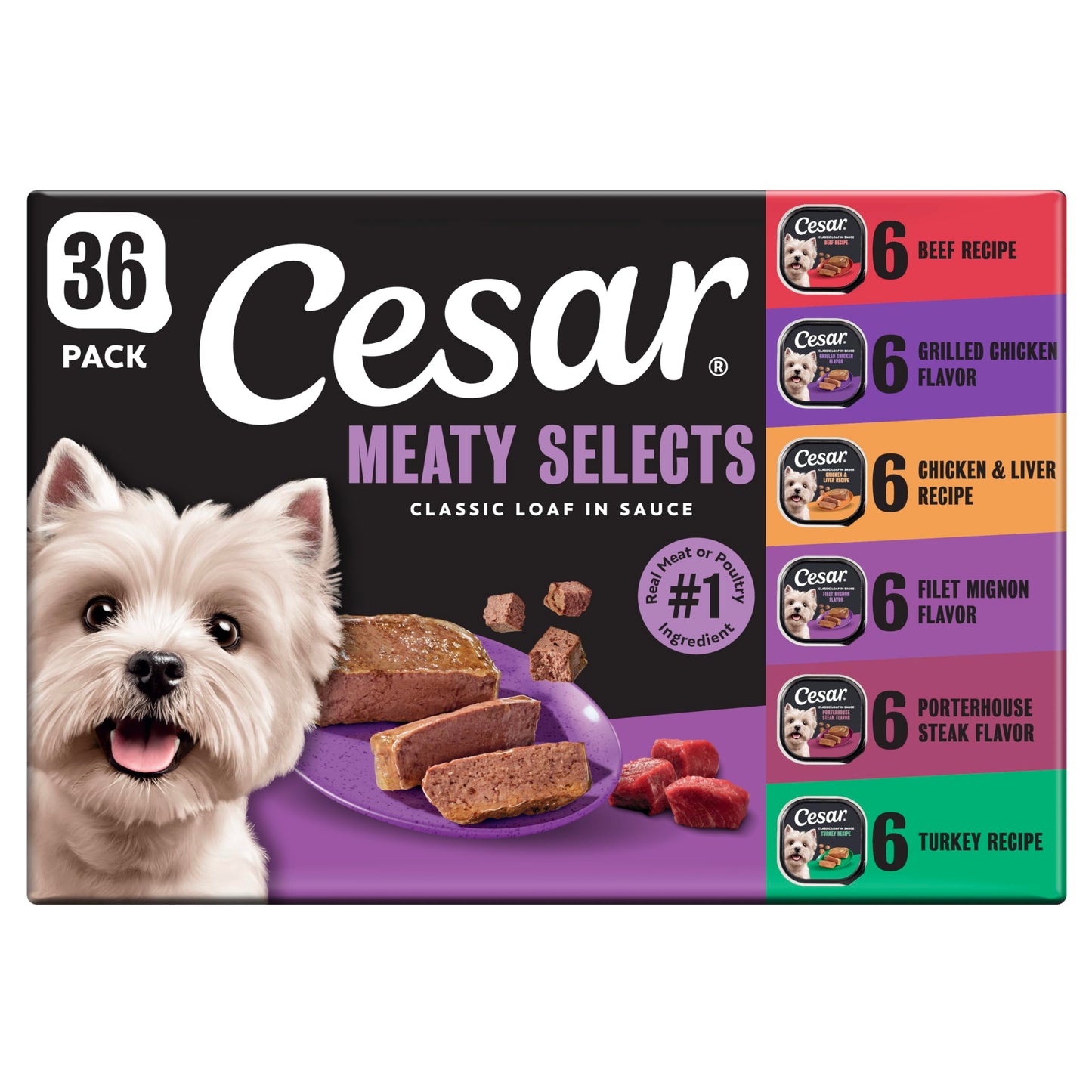 Cesar Classic Loaf in Sauce Wet Dog Food, Beef Recipe, Filet Mignon Flavor, Grilled Chicken Flavor, and Porterhouse Steak Flavor, 3.5 oz. Easy Peel Trays, Variety Pack (24 Count, Pack of 1)