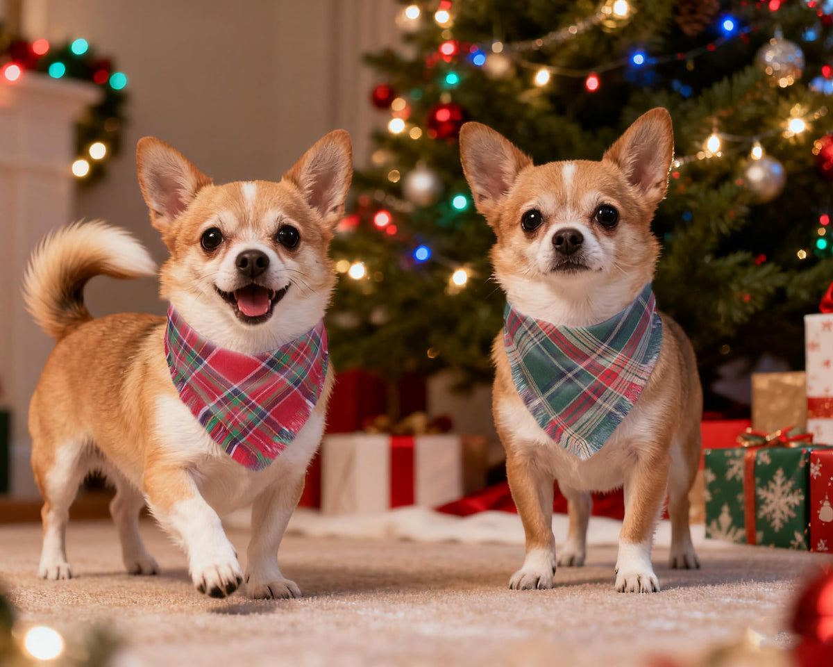 Christmas Dog Bandanas 2PCS-Large,Red-Green Plaid Scarf w/Tassels for Dogs