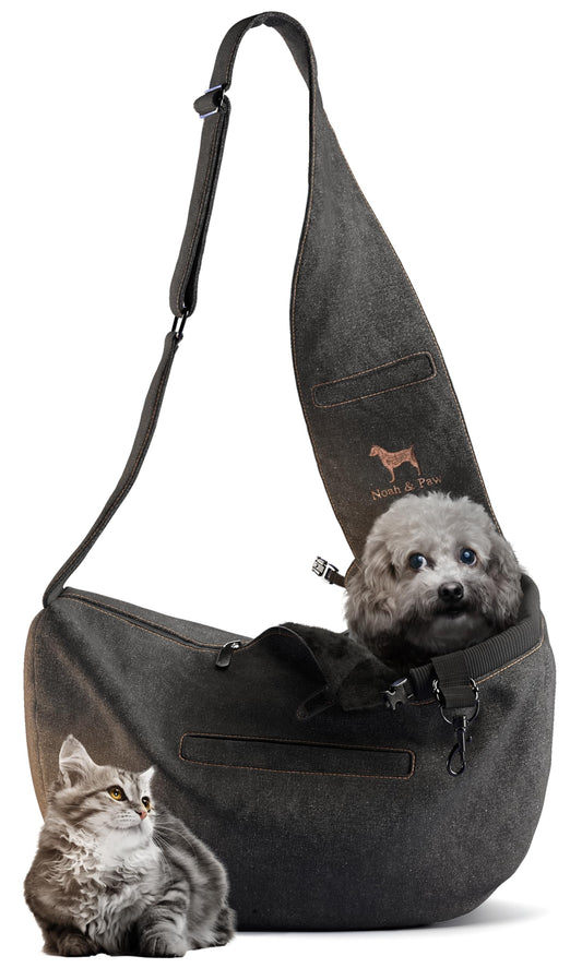 Noah & Paw Dog Sling Carrier for Small Dogs 5-18lb, Dog Sling for Small Dogs and Cats, Dog Carrier with Adjustable Padded Strap, Denim Lined with Fur, 3X Safety Features, Machine Washable