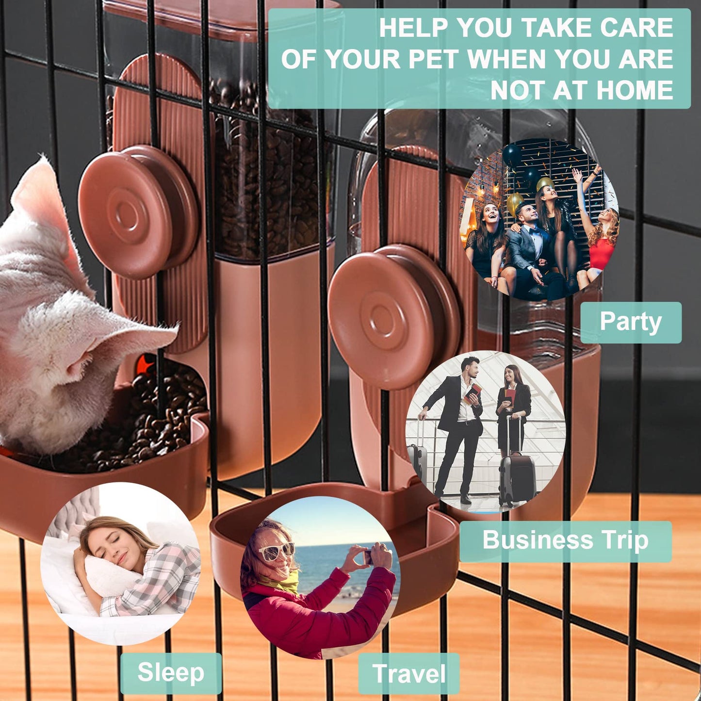 Lemtrflo Hanging Automatic Food and Water Dispenser, Gravity Rabbit Feeder Set, Cage Cat and Bunny Food Bowl (Cage Grid Spacing Over 1.2'')