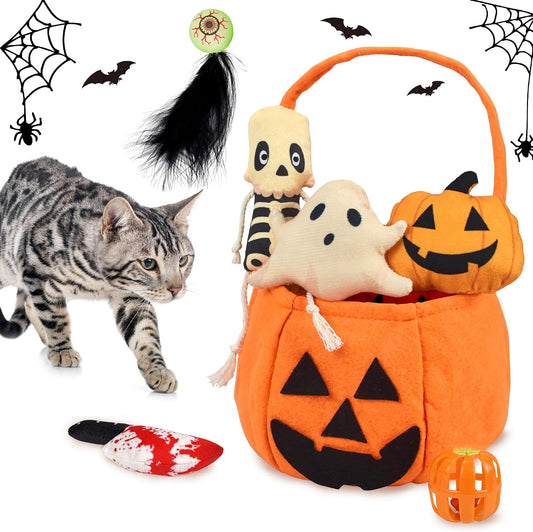 7PCS Halloween Cat Toys, Cat Catnip Toys Plush Teething Toys, Horrible Halloween Cat Ghost Chew Toys for Kitten Cats