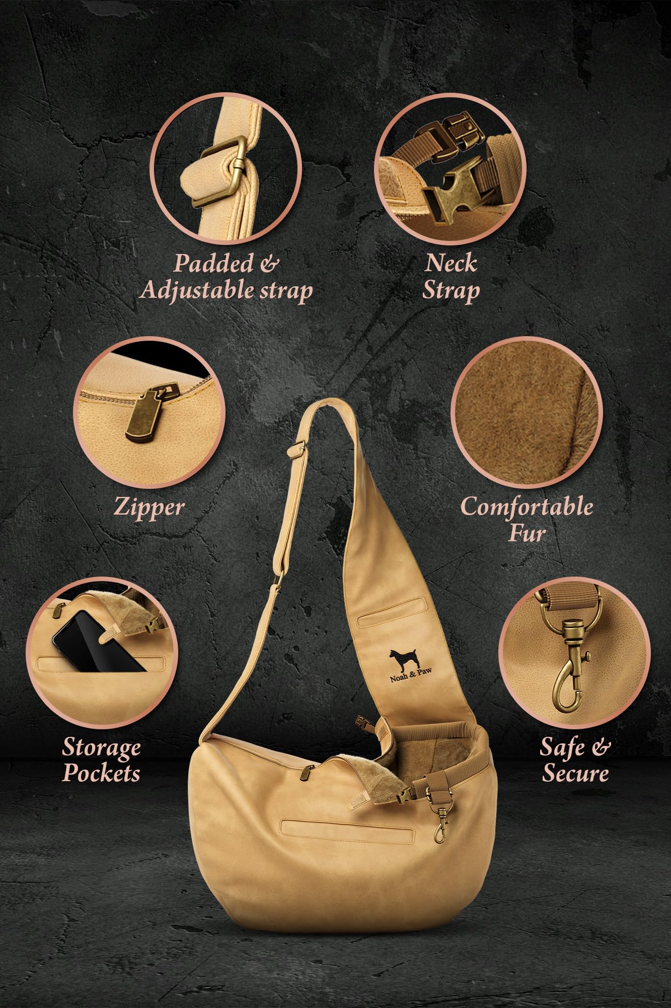 Noah & Paw Dog Sling Carrier for Small Dogs 5-18lb, Dog Sling for Small Dogs and Cats, Dog Carrier with Adjustable Padded Strap, Vegan Leather Lined with Fur, 3X Safety Features, Machine Washable