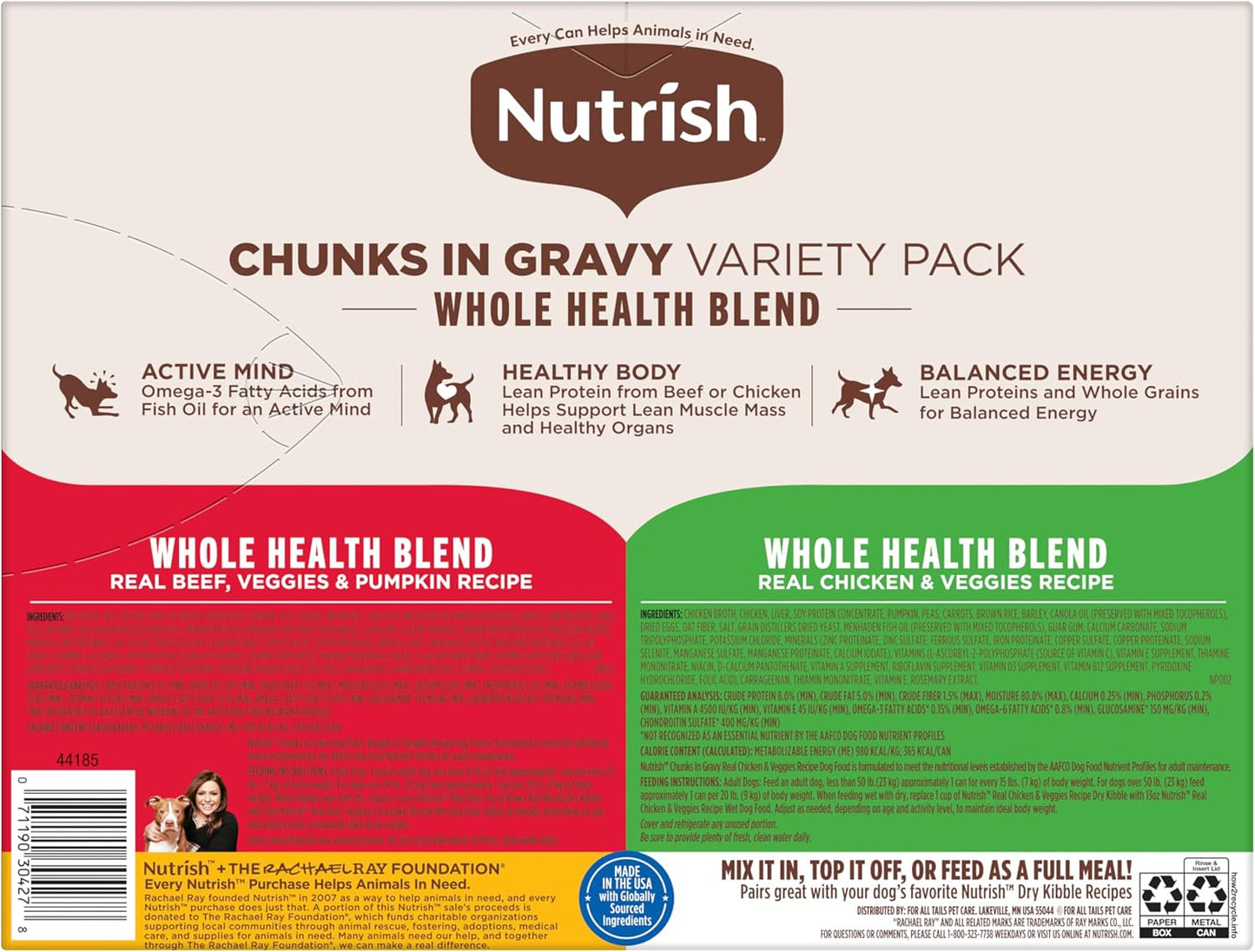 Nutrish Rachael Ray Wet Dog Food Chunks in Gravy Real Chicken & Veggies Recipe, 13 oz. Can, 12 Count