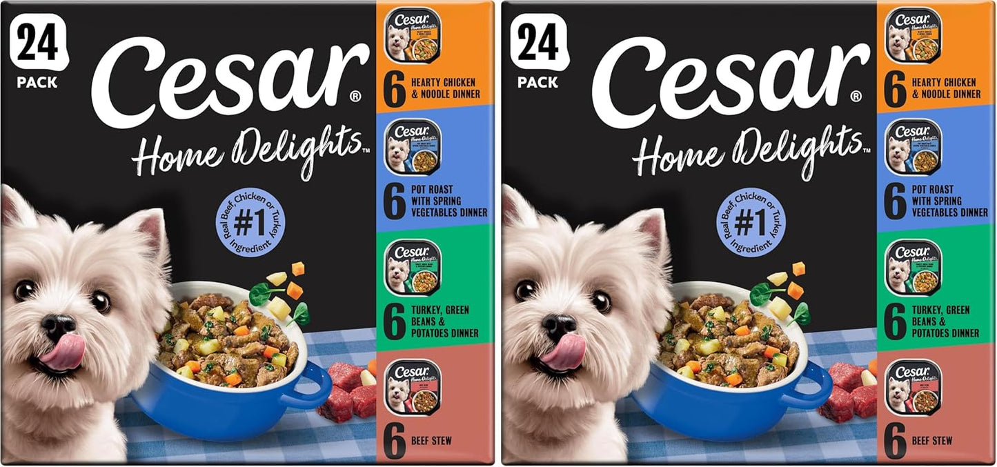 Cesar Home Delights Adult Wet Dog Food, Pot Roast with Spring Vegetables, Beef Stew, Turkey, Green Beans, & Potatoes, and Hearty Chicken & Noodle Dinner in Sauce Variety Pack, 3.5 oz. 24 Count