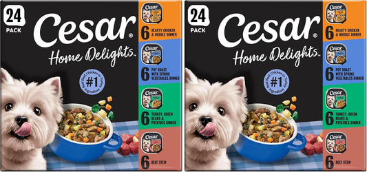 Cesar Home Delights Adult Wet Dog Food, Pot Roast with Spring Vegetables, Beef Stew, Turkey, Green Beans, & Potatoes, and Hearty Chicken & Noodle Dinner in Sauce Variety Pack, 3.5 oz. 24 Count