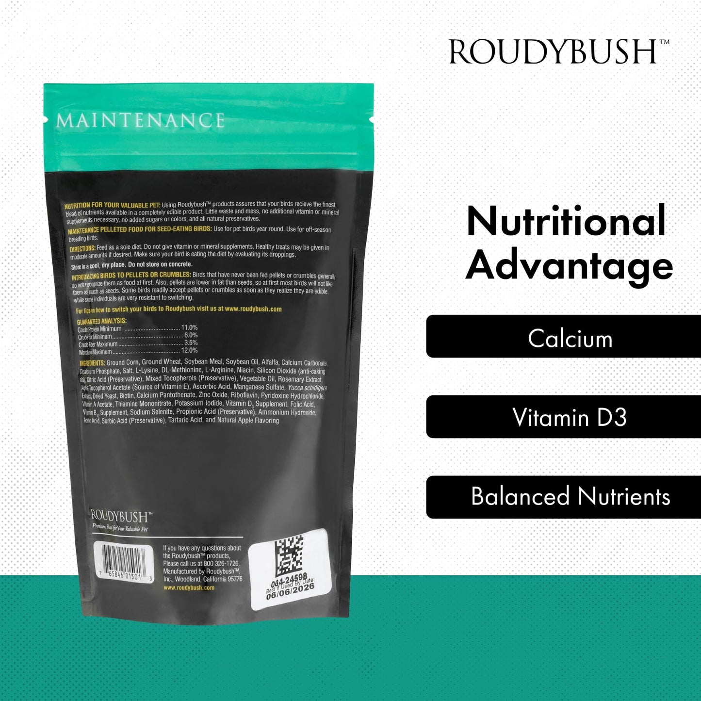 RoudyBush Daily Maintenance Food for Birds, Bird Food with Corn, Wheat & Soy, Complete Daily Feed for Parakeets, Cockatiels, Conures, Lovebirds & Other Small Medium Species, Crumble Pellets, 8 OZ