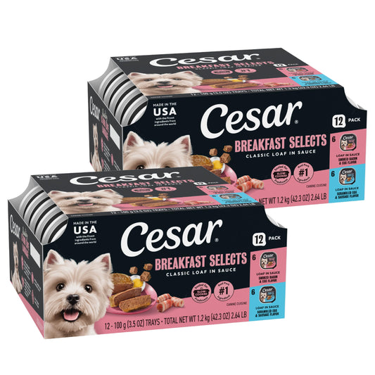 Cesar Classic Loaf in Sauce Wet Dog Food, Beef Recipe, Filet Mignon Flavor, Grilled Chicken Flavor, and Porterhouse Steak Flavor, 3.5 oz. Easy Peel Trays, Variety Pack (24 Count, Pack of 1)