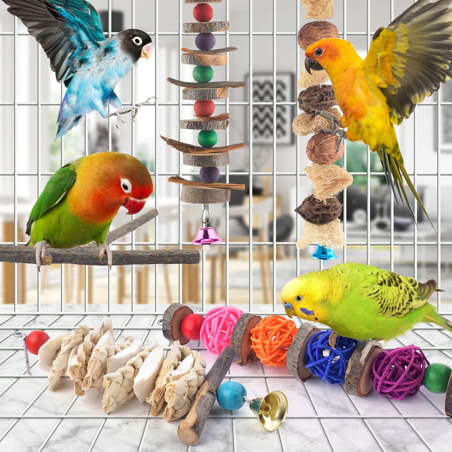 Bissap Bird Chew Toys, 7 Packs Parakeet Natural Wood Toys Parrot Hanging Cage Toy Perch Stand for Small Birds Conure Cockatiel Parrotlet Lovebird Budgie