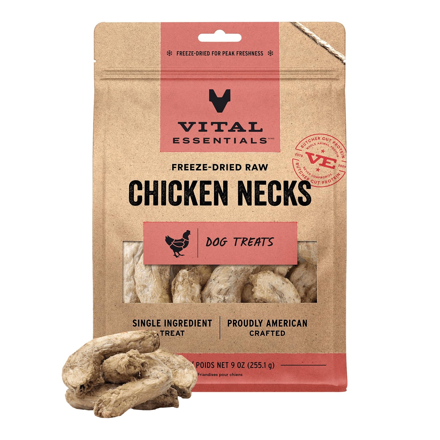 Vital Essentials Freeze Dried Raw Chicken Necks Dog Treats | Single Ingredient | Premium Quality | Grain Free Treats for Dogs, 9 oz Bag