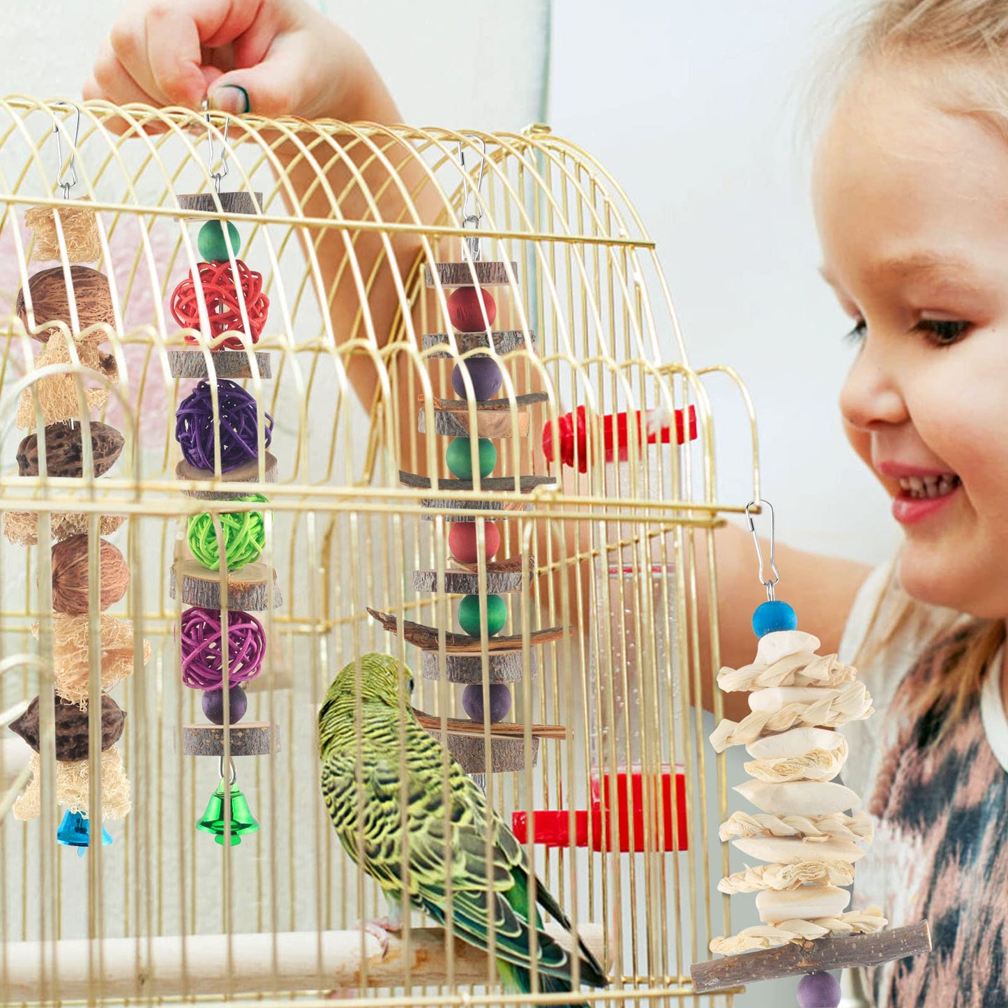 Bissap Bird Chew Toys, 7 Packs Parakeet Natural Wood Toys Parrot Hanging Cage Toy Perch Stand for Small Birds Conure Cockatiel Parrotlet Lovebird Budgie