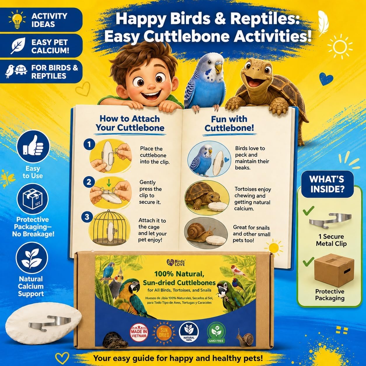 Birds LOVE 3.5-4″ Cuttlebone for Birds – 100% Natural Sun-Dried Calcium & Beak Conditioning Supplement for Parakeets, Budgies, Cockatiels, Finches & Canaries – 4 Pack with Holder – Made in Vietnam