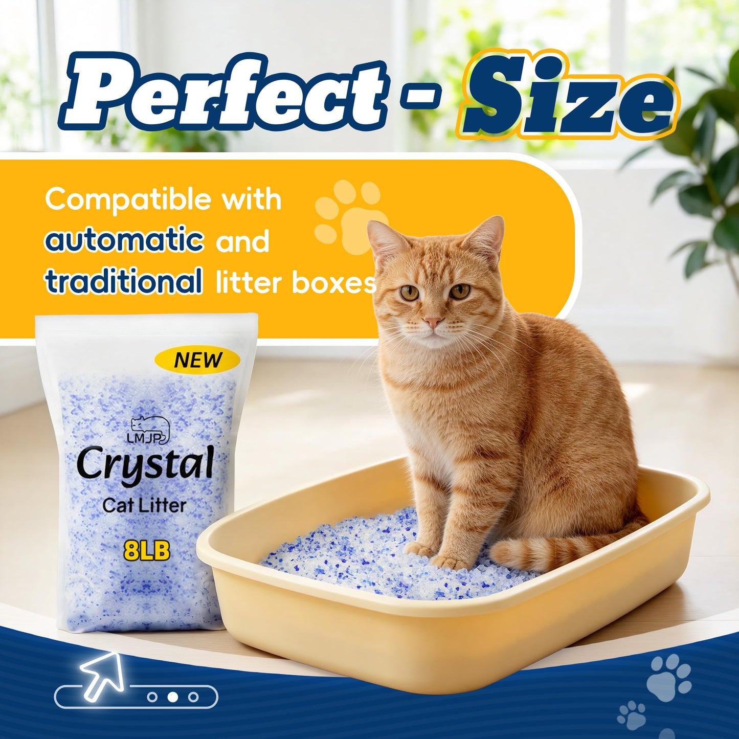 LMJP Crystal Cat Litter with Powerful Odor Control, Non-Clumping, Lasts Up to 2 Months, 8.6lb, Rapid Water Absorption, Unscented & Low Tracking Lightweight Blue & White Silica, 2 Pack of 4.3lb
