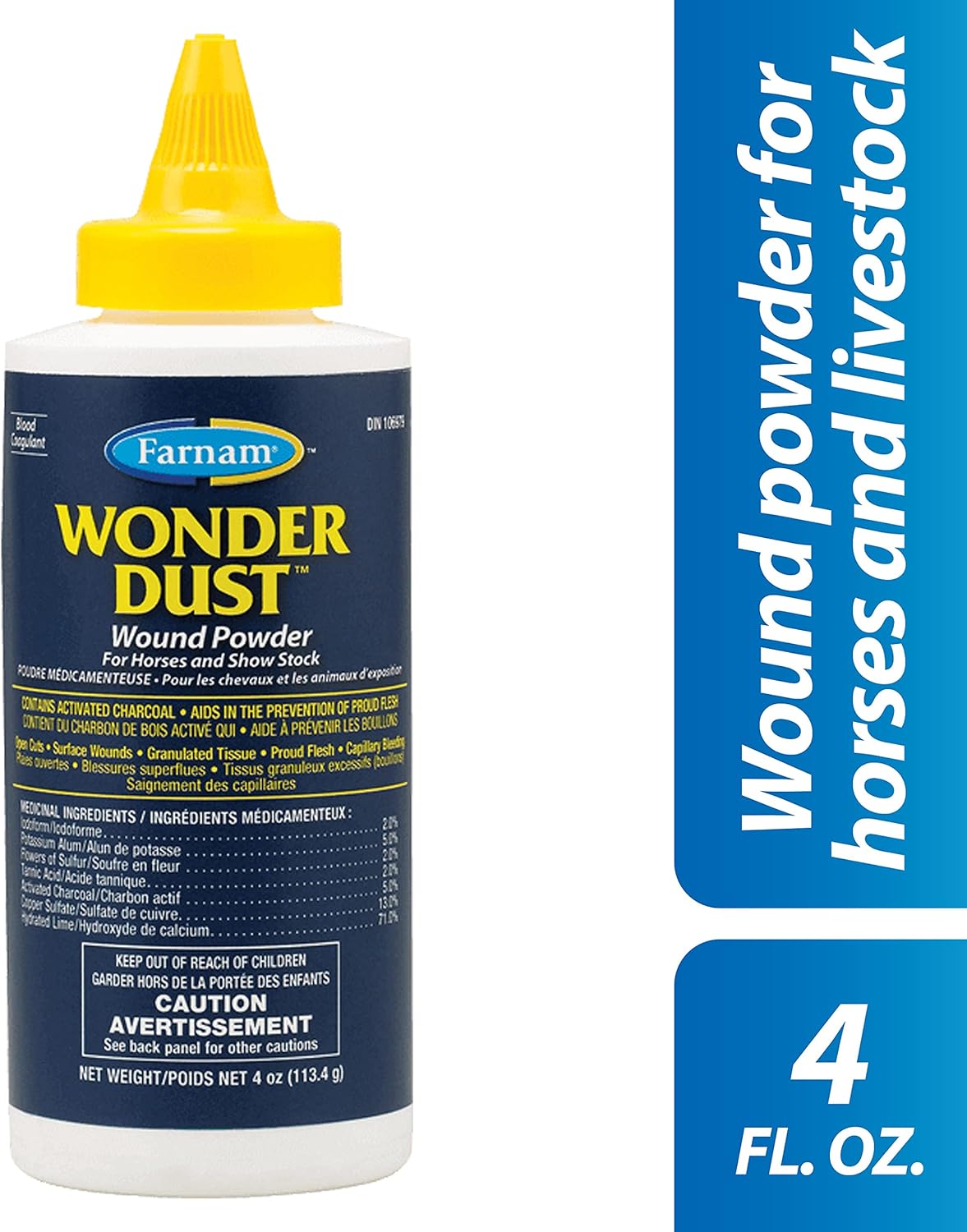 Farnam Wonder Dust Wound Powder, Blood Coagulant for Horses and Show Stock, For Use on Proud Flesh, Granulated Tissue, 4 Ounces