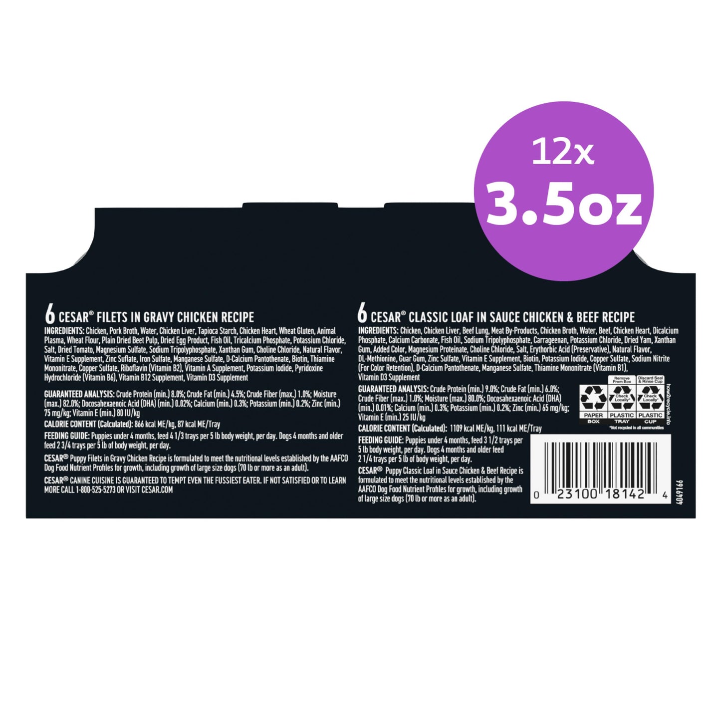 Cesar Classic Loaf in Sauce Wet Dog Food, Beef Recipe, Filet Mignon Flavor, Grilled Chicken Flavor, and Porterhouse Steak Flavor, 3.5 oz. Easy Peel Trays, Variety Pack (24 Count, Pack of 1)