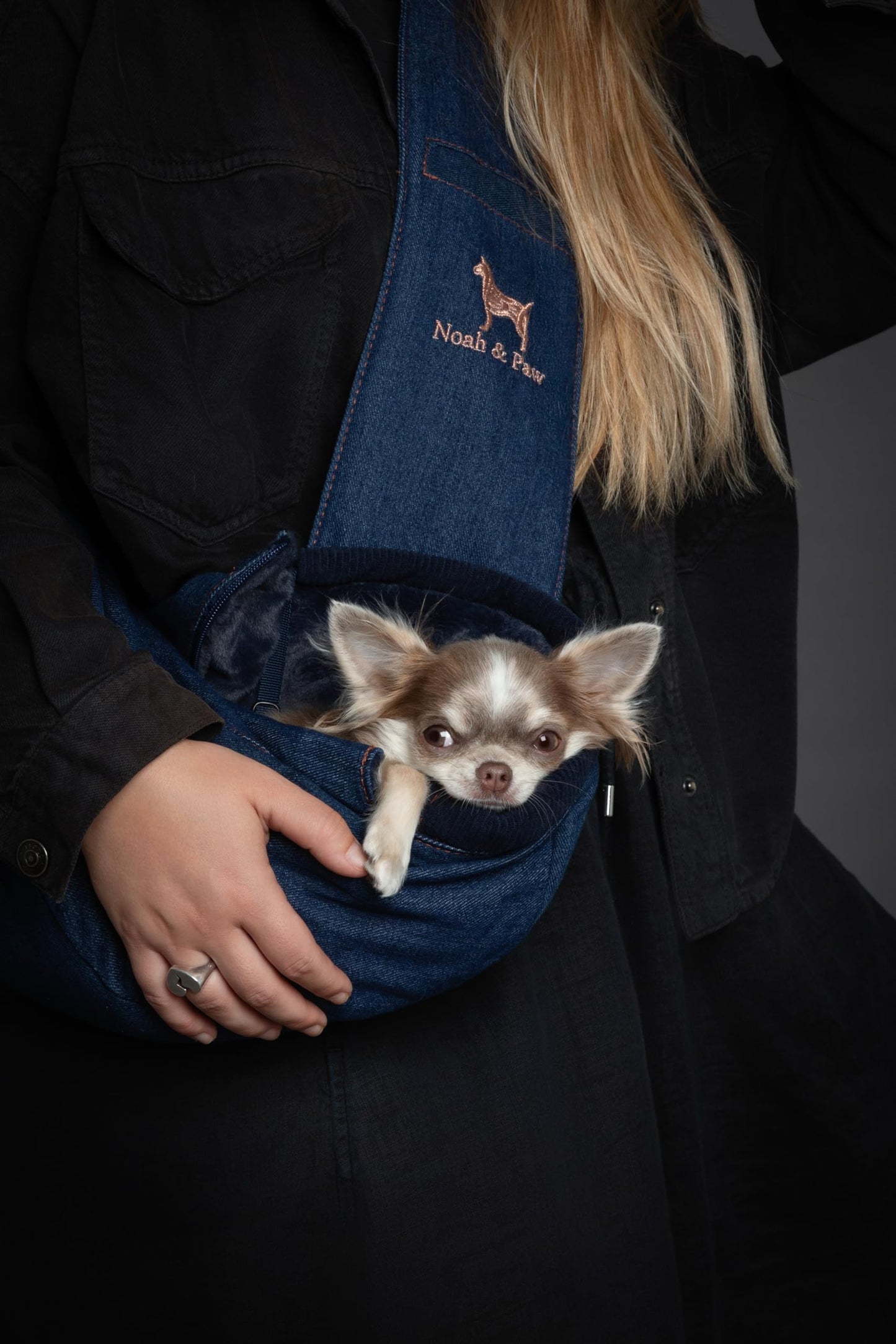 Noah & Paw Dog Sling Carrier for Small Dogs 5-18lb, Dog Sling for Small Dogs and Cats, Dog Carrier with Adjustable Padded Strap, Denim Lined with Fur, 3X Safety Features, Machine Washable