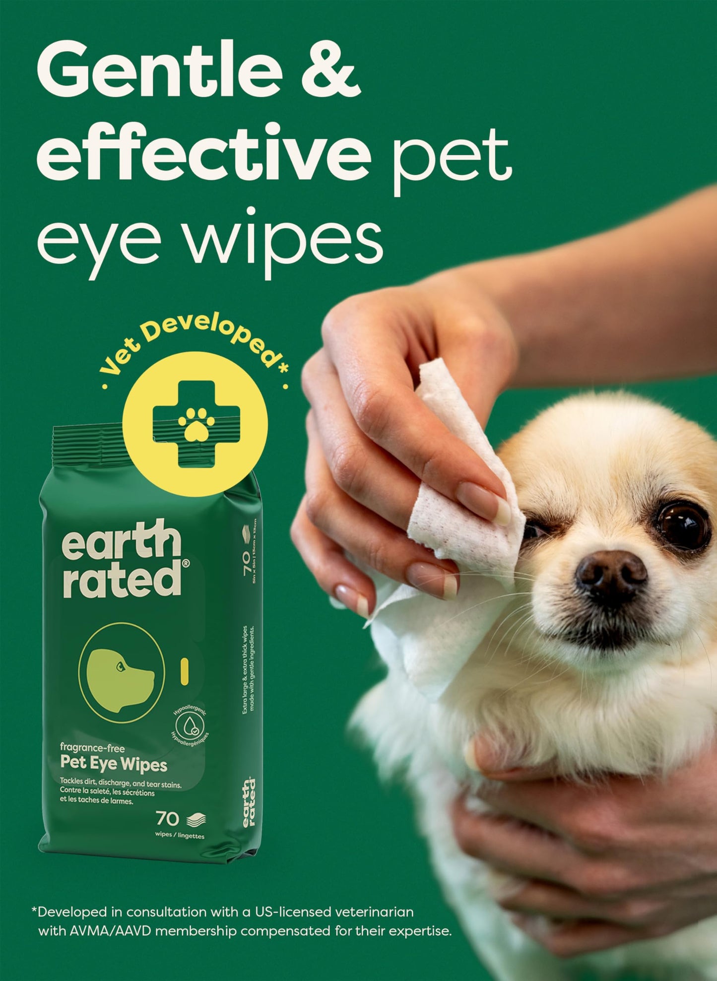 Earth Rated Pet Wipes for Dogs and Cats, Hypoallergenic, 3-in-1 Cleaning, Deodorizing and Hydrating, for Grooming Paws, Body and Butt, Unscented, 100 Count