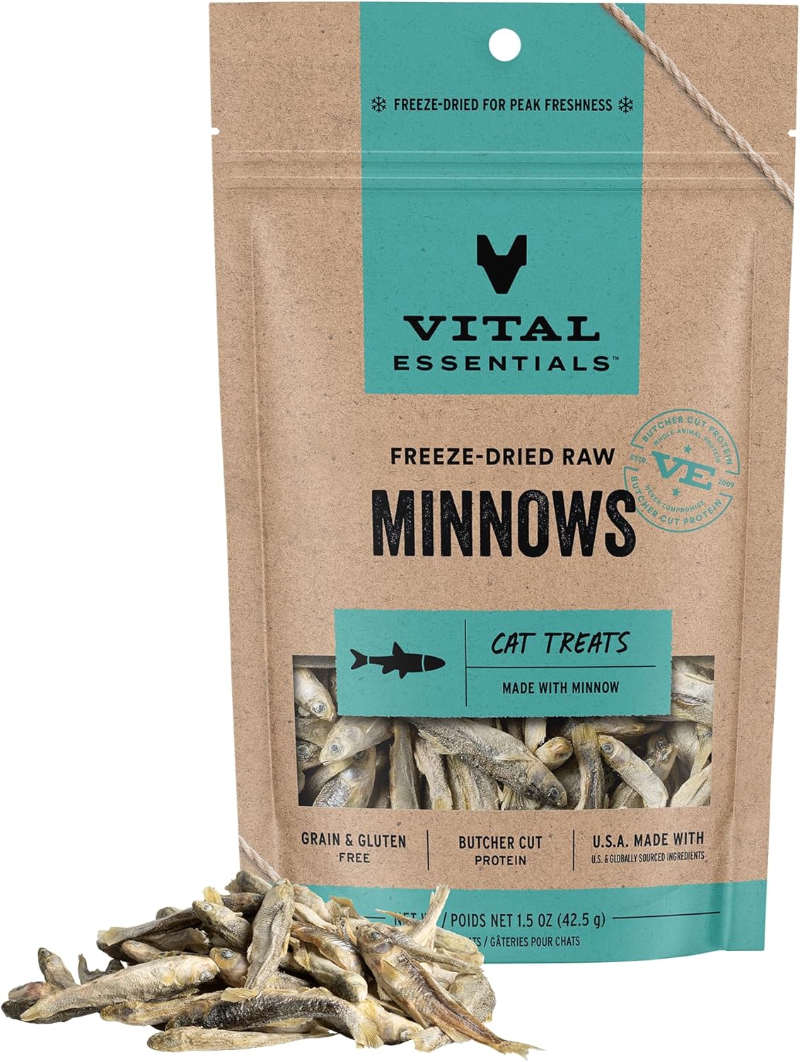 Vital Essentials Freeze Dried Minnows Cat Treats | Single Ingredient | Premium Quality | Grain Free, Healthy Treats for Cats, 1 oz Bag