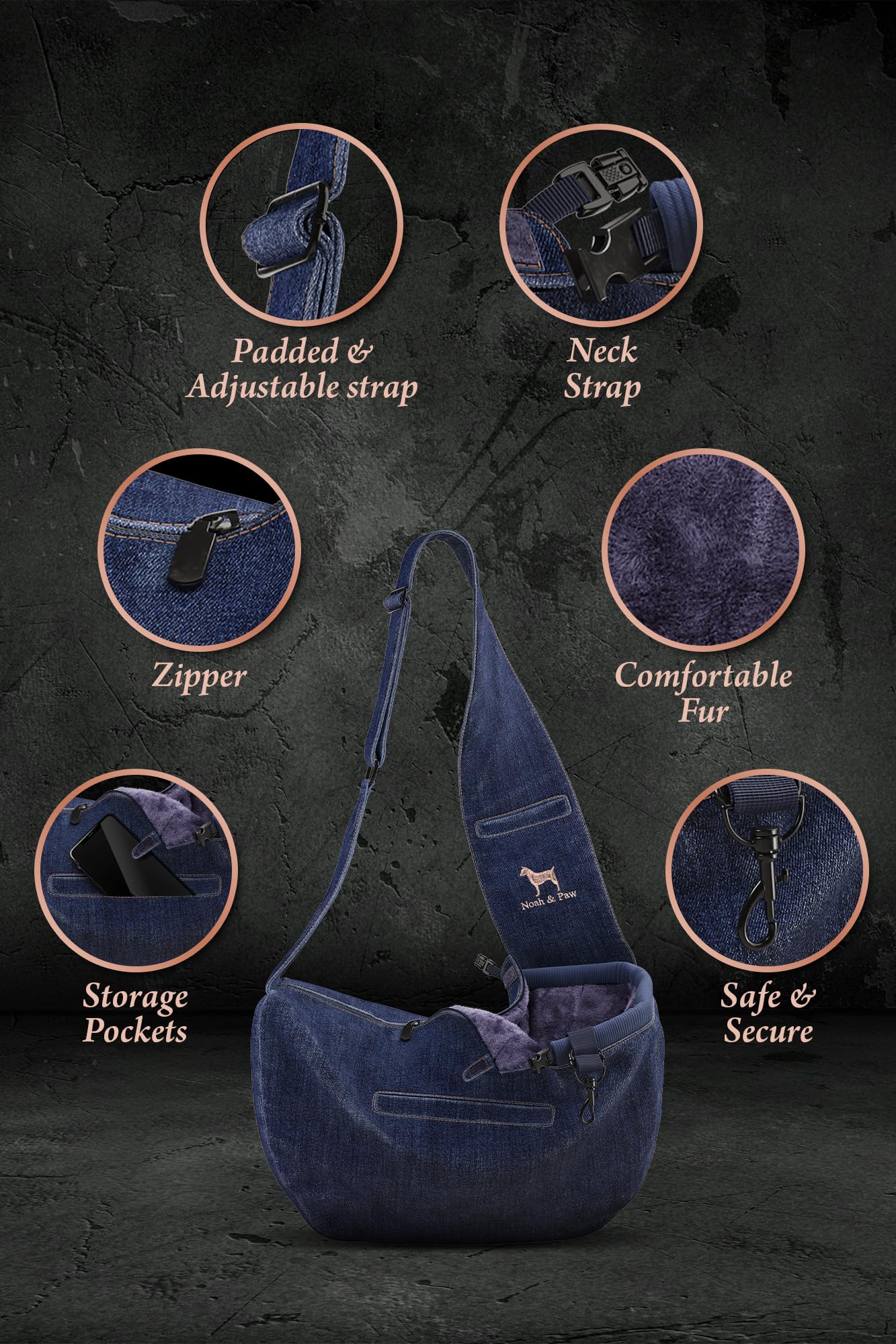Noah & Paw Dog Sling Carrier for Small Dogs 5-18lb, Dog Sling for Small Dogs and Cats, Dog Carrier with Adjustable Padded Strap, Denim Lined with Fur, 3X Safety Features, Machine Washable