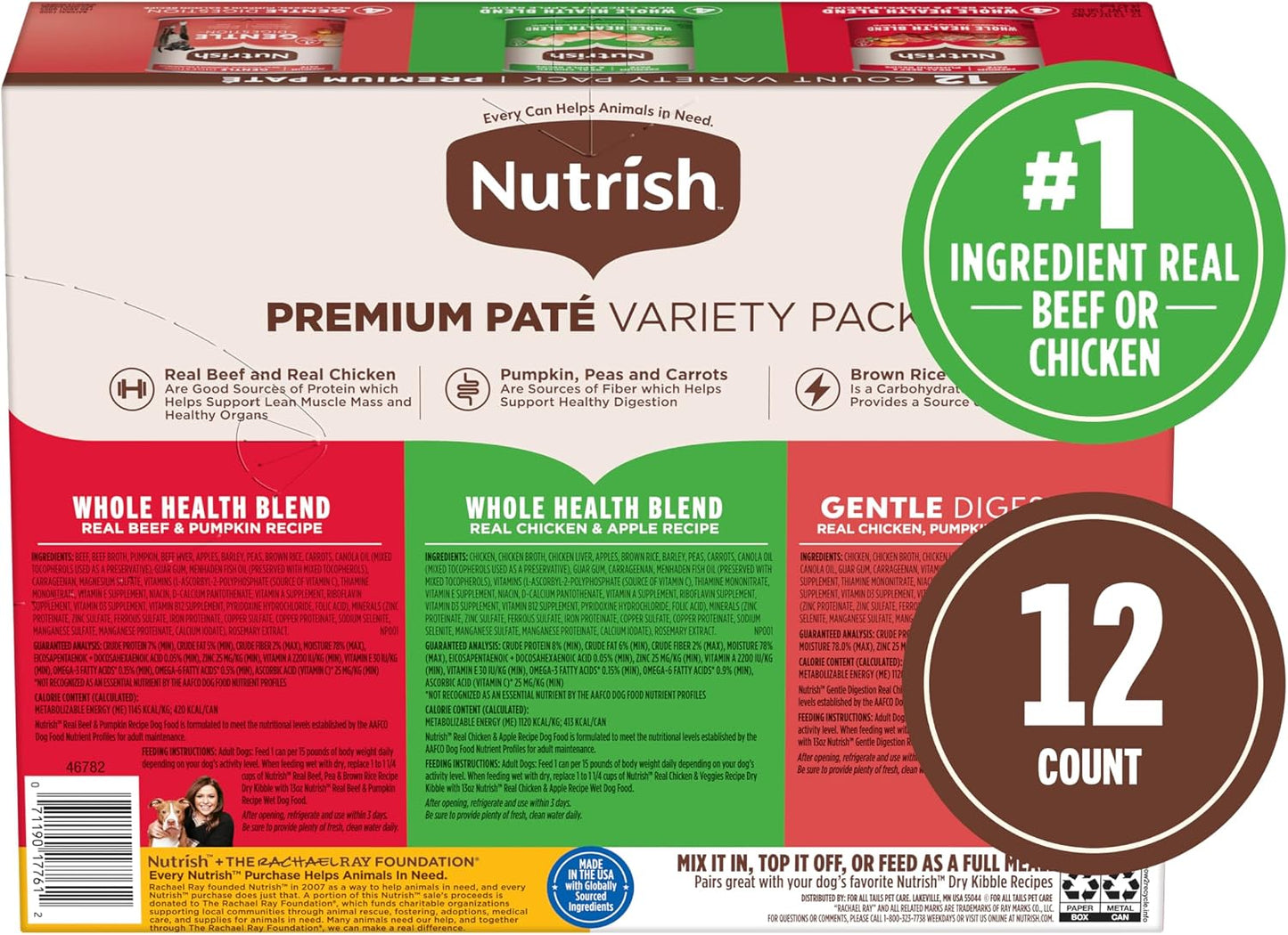 Nutrish Real Beef & Pumpkin Recipe Whole Health Blend Premium Paté Wet Dog Food, 13 oz. Can, 12 Count, Packaging May Vary (Rachael Ray)