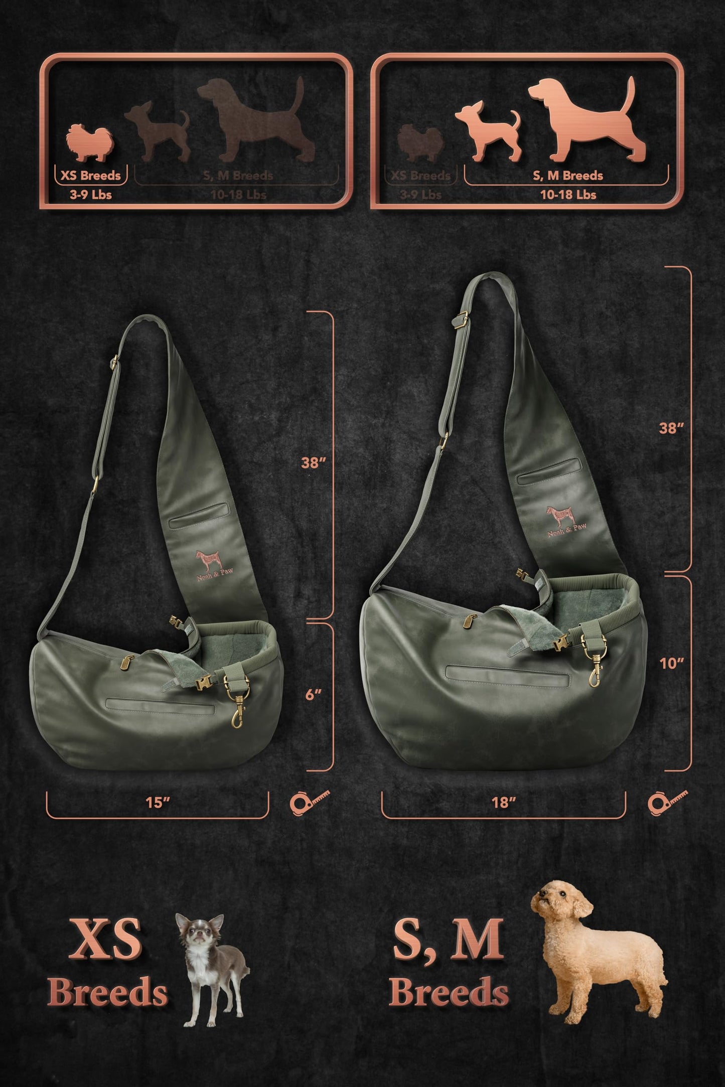 Noah & Paw Dog Sling Carrier for Small Dogs 5-18lb, Dog Sling for Small Dogs and Cats, Dog Carrier with Adjustable Padded Strap, Vegan Leather Lined with Fur, 3X Safety Features, Machine Washable