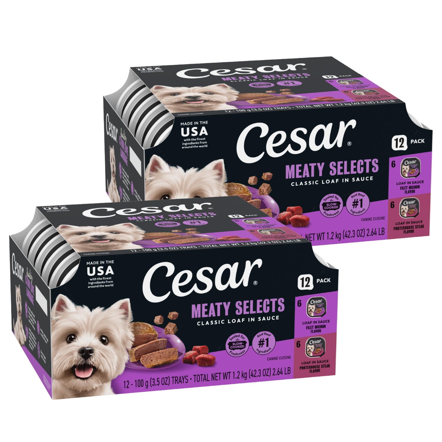 Cesar Classic Loaf in Sauce Wet Dog Food, Beef Recipe, Filet Mignon Flavor, Grilled Chicken Flavor, and Porterhouse Steak Flavor, 3.5 oz. Easy Peel Trays, Variety Pack (24 Count, Pack of 1)