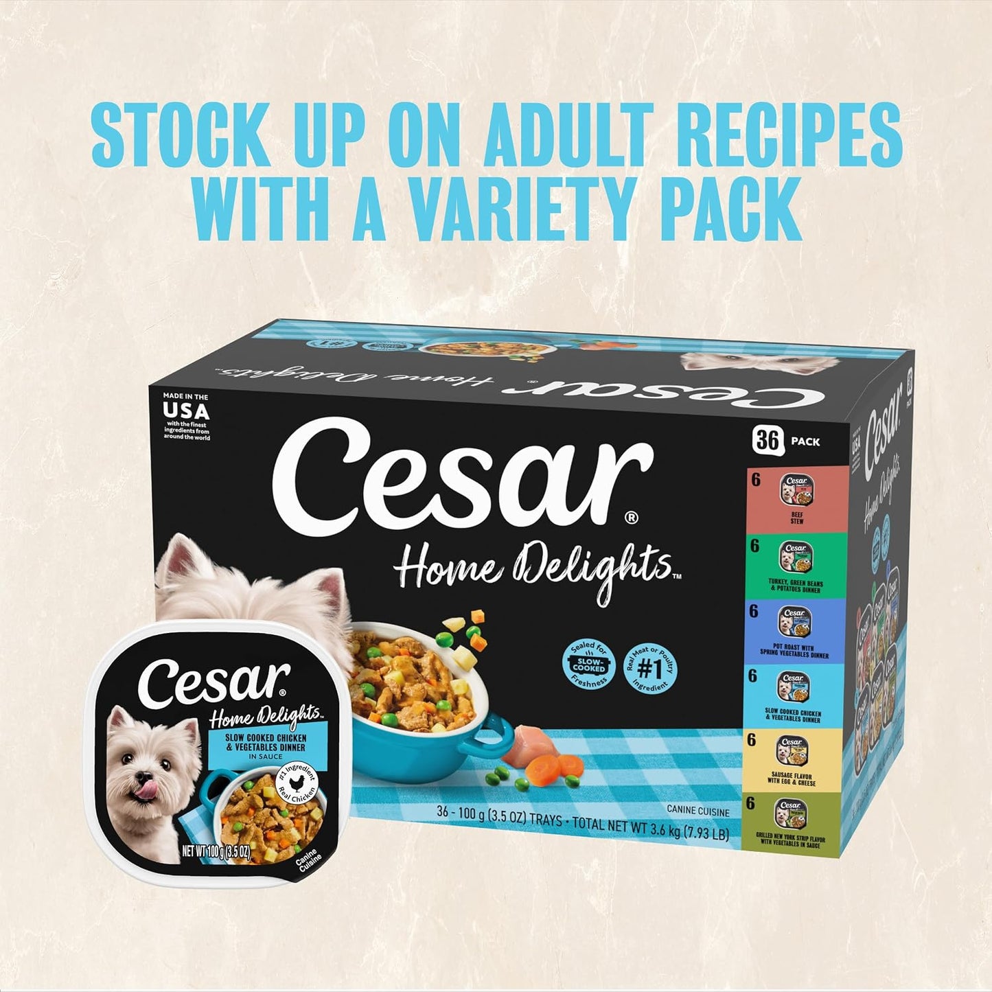 Cesar Home Delights Adult Wet Dog Food, Pot Roast with Spring Vegetables, Beef Stew, Turkey, Green Beans, & Potatoes, and Hearty Chicken & Noodle Dinner in Sauce Variety Pack, 3.5 oz. 24 Count