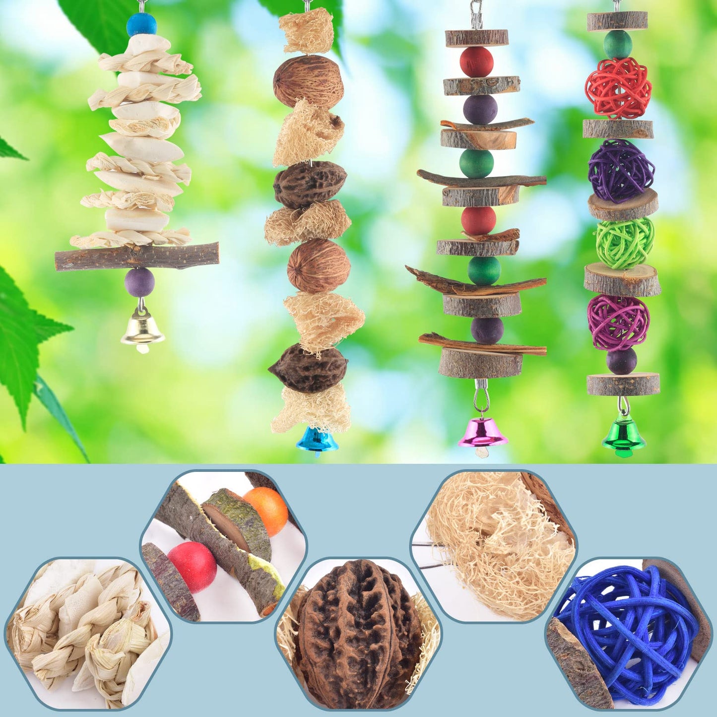 Bissap Bird Chew Toys, 7 Packs Parakeet Natural Wood Toys Parrot Hanging Cage Toy Perch Stand for Small Birds Conure Cockatiel Parrotlet Lovebird Budgie