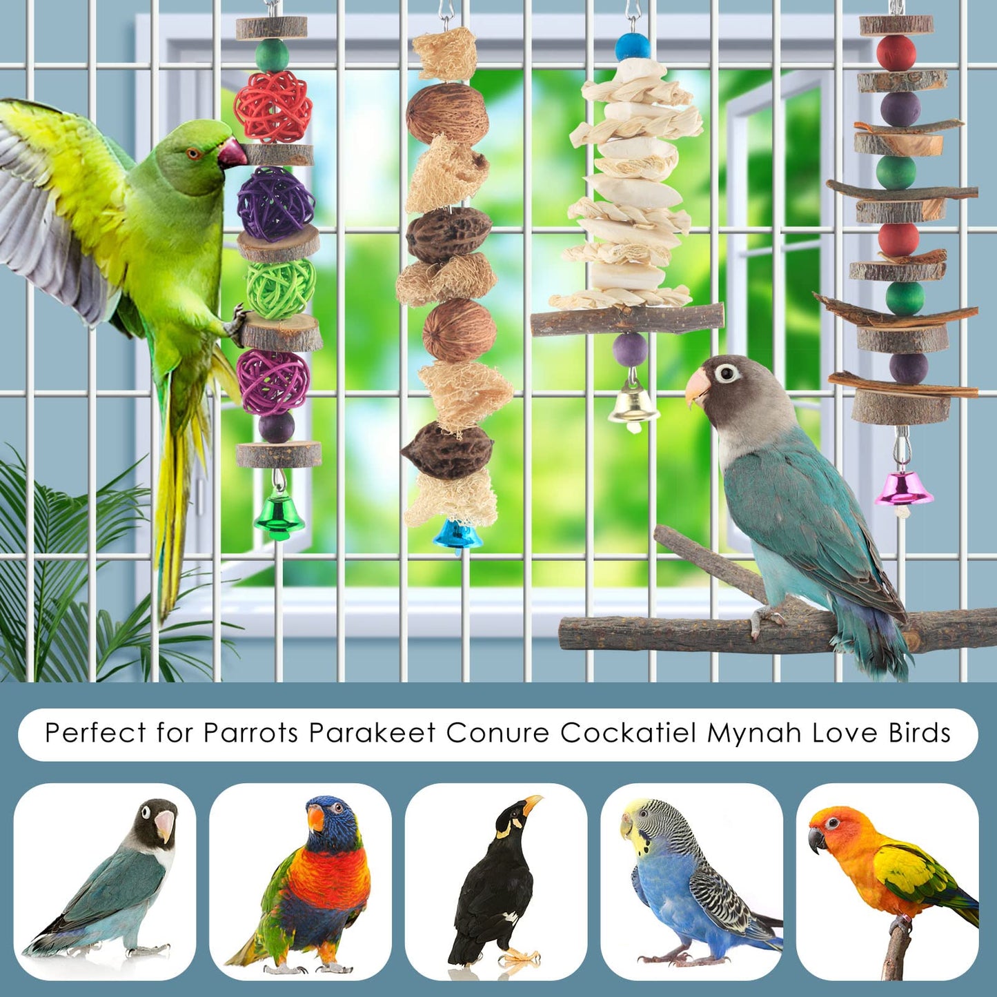 Bissap Bird Chew Toys, 7 Packs Parakeet Natural Wood Toys Parrot Hanging Cage Toy Perch Stand for Small Birds Conure Cockatiel Parrotlet Lovebird Budgie