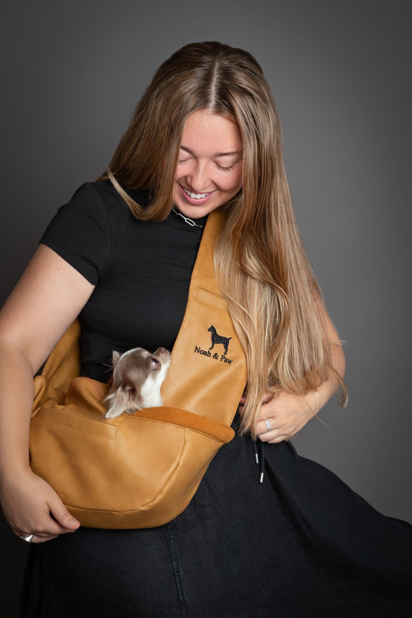 Noah & Paw Dog Sling Carrier for Small Dogs 5-18lb, Dog Sling for Small Dogs and Cats, Dog Carrier with Adjustable Padded Strap, Vegan Leather Lined with Fur, 3X Safety Features, Machine Washable