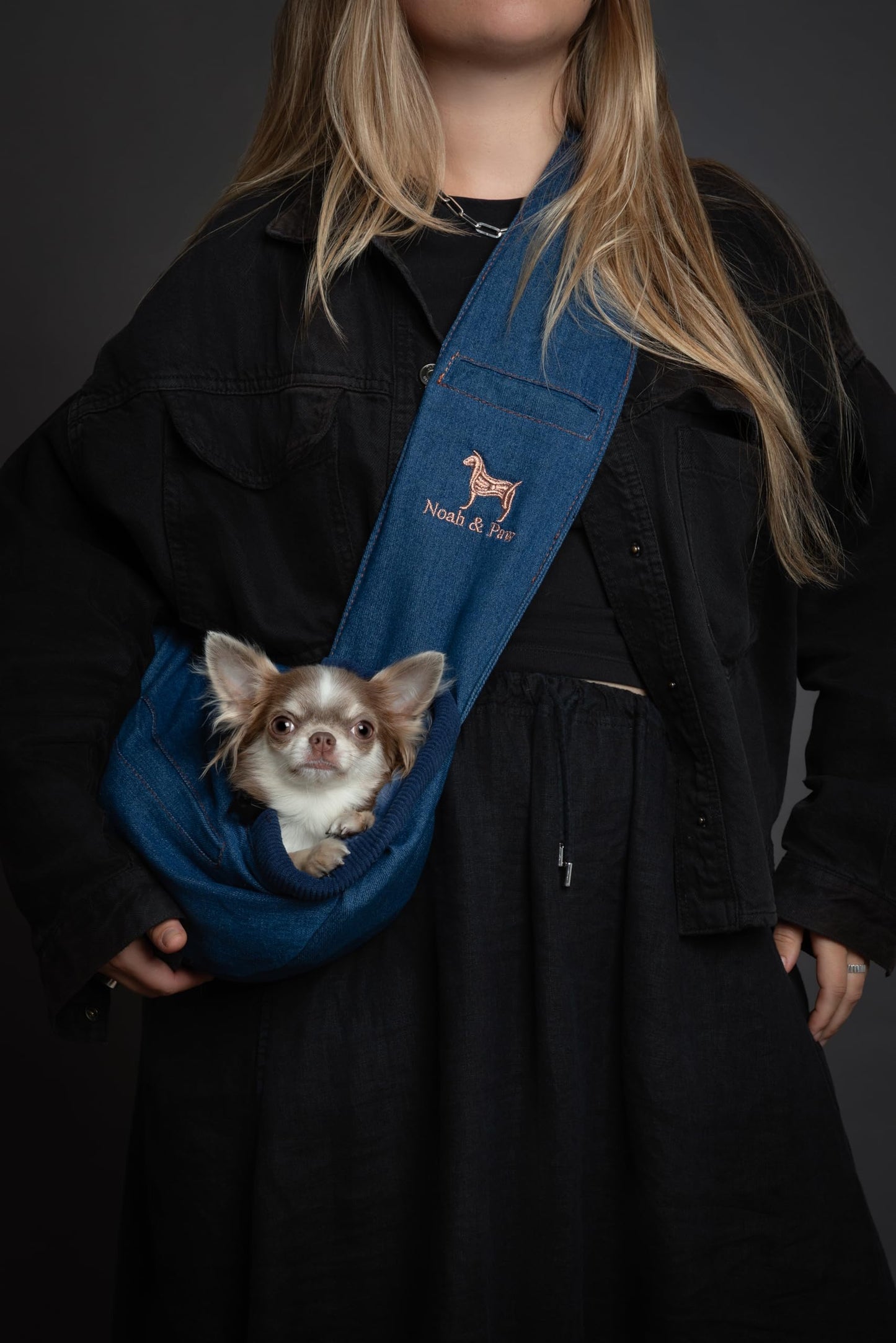 Noah & Paw Dog Sling Carrier for Small Dogs 5-18lb, Dog Sling for Small Dogs and Cats, Dog Carrier with Adjustable Padded Strap, Denim Lined with Fur, 3X Safety Features, Machine Washable