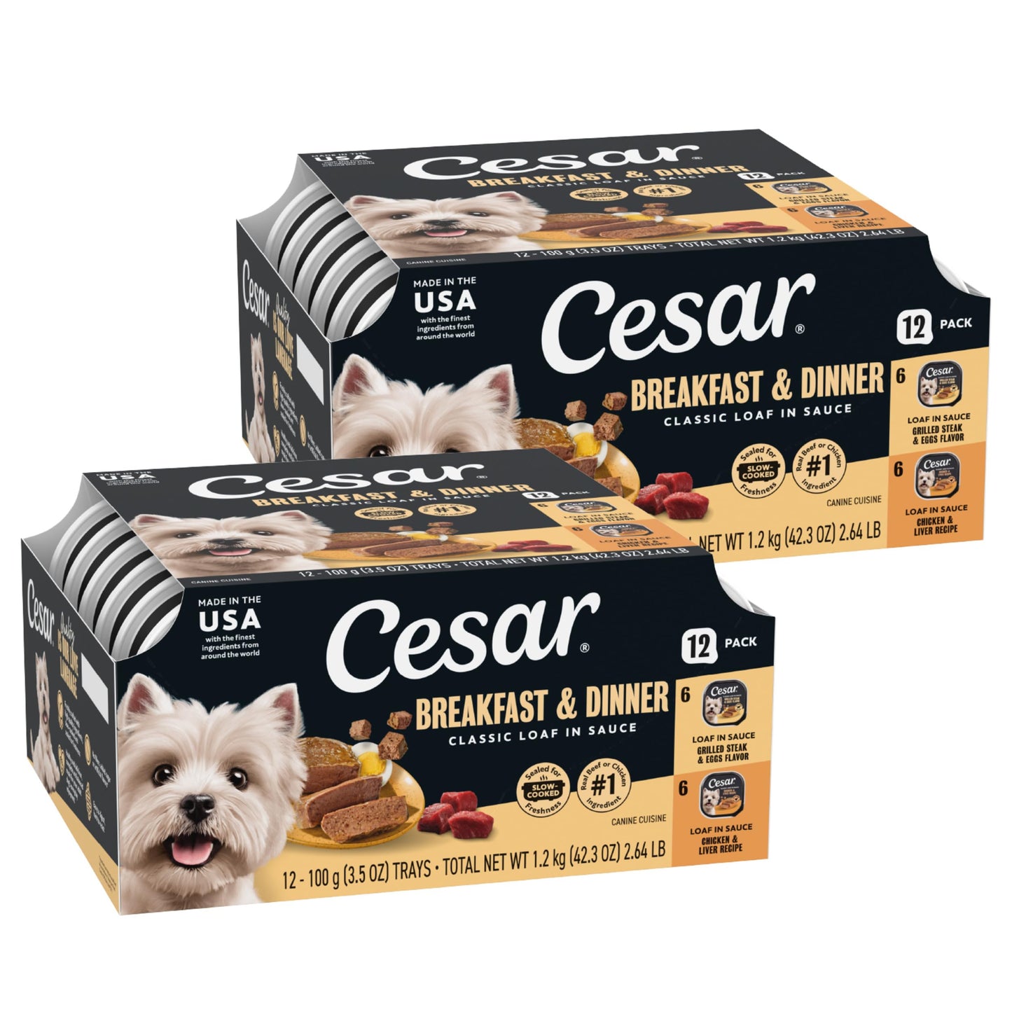 Cesar Classic Loaf in Sauce Wet Dog Food, Beef Recipe, Filet Mignon Flavor, Grilled Chicken Flavor, and Porterhouse Steak Flavor, 3.5 oz. Easy Peel Trays, Variety Pack (24 Count, Pack of 1)