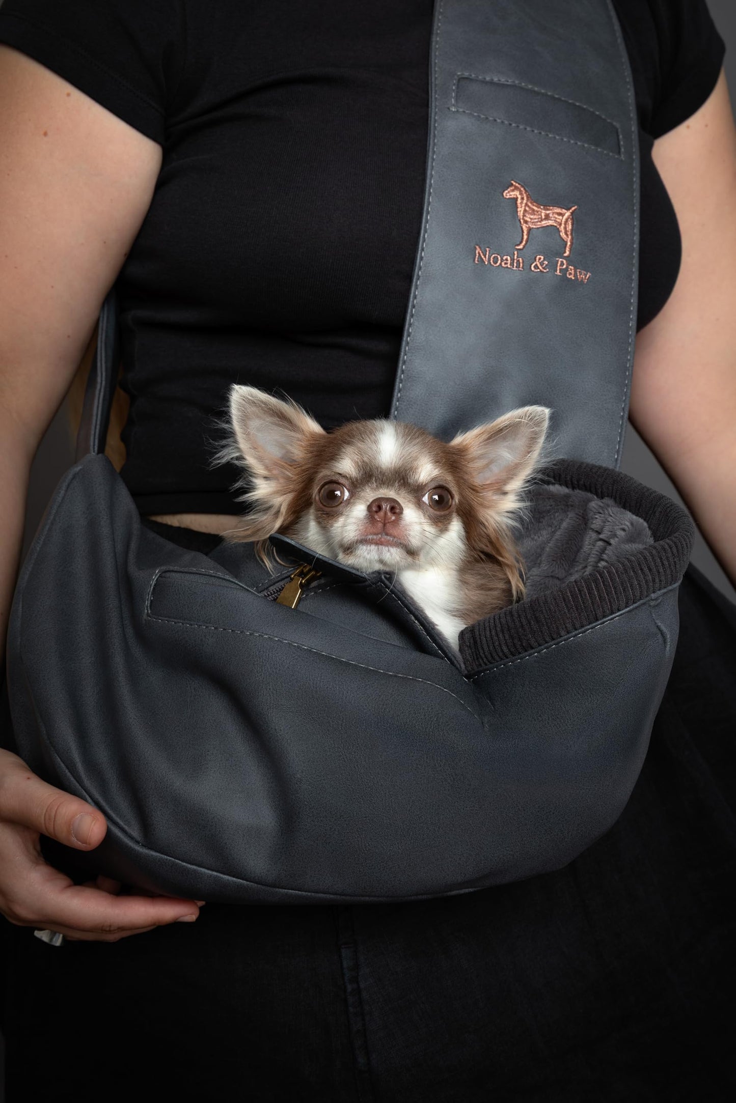 Noah & Paw Dog Sling Carrier for Small Dogs 5-18lb, Dog Sling for Small Dogs and Cats, Dog Carrier with Adjustable Padded Strap, Vegan Leather Lined with Fur, 3X Safety Features, Machine Washable