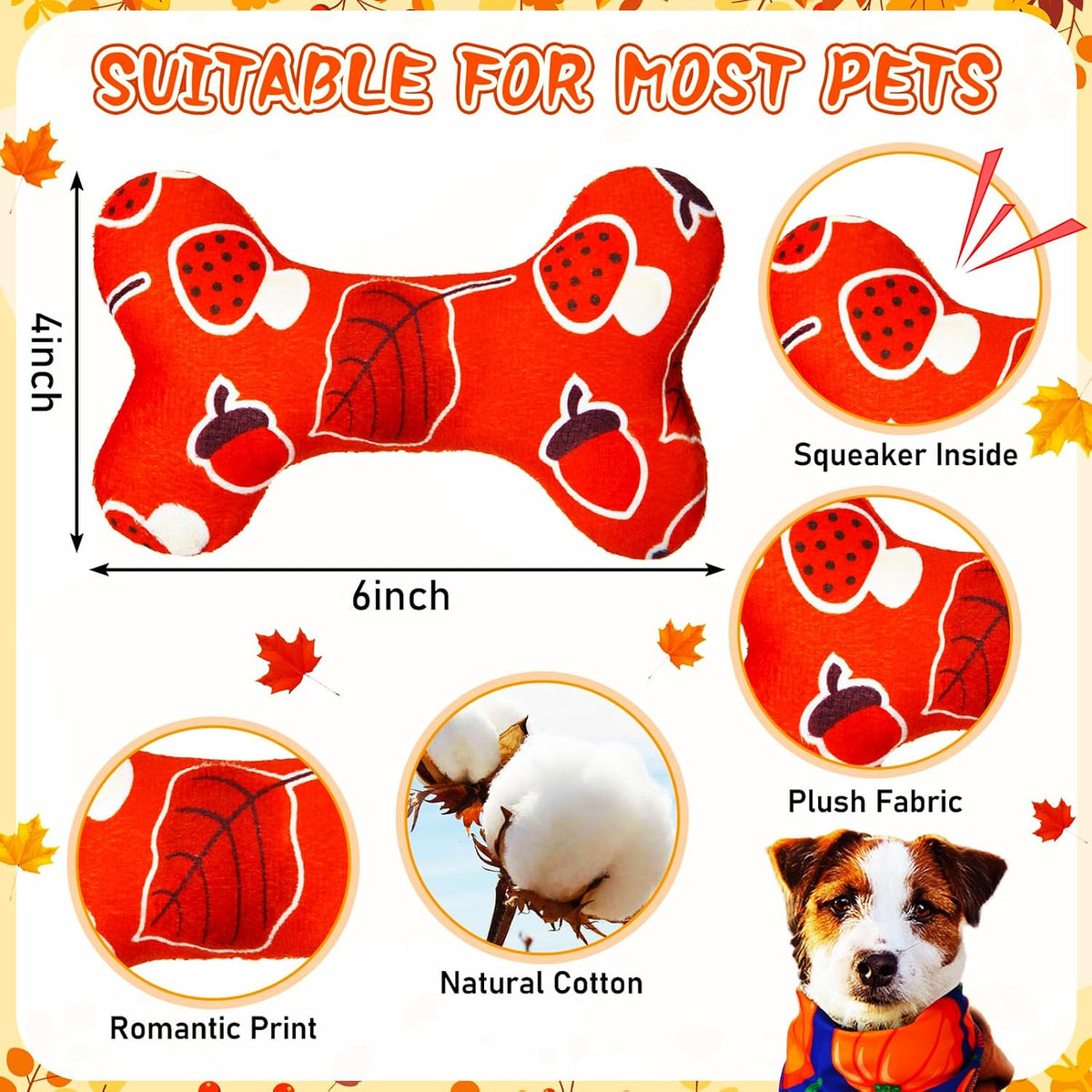 6 Pcs Fall Dog Toys Bone Shaped Thanksgiving Dog Chew Toy
