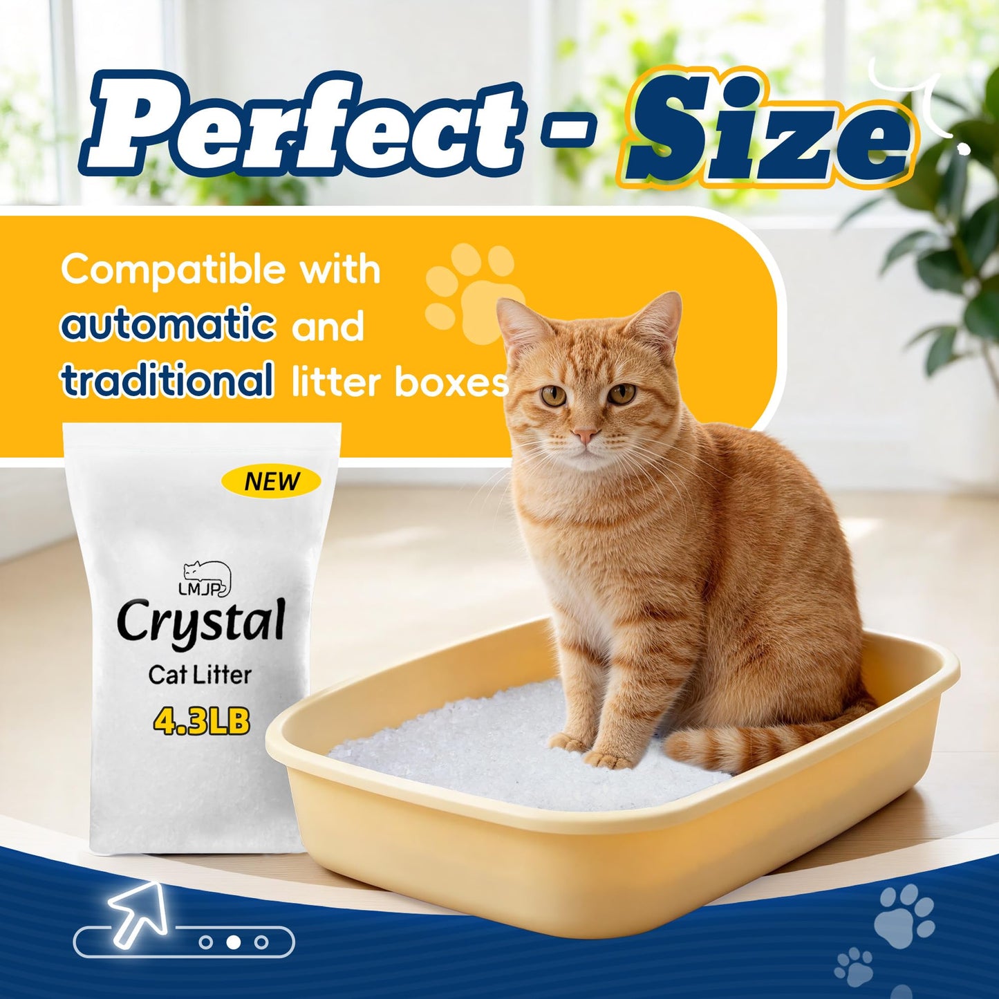 LMJP Crystal Cat Litter with Powerful Odor Control, Non-Clumping, Lasts Up to 2 Months, 8.6lb, Rapid Water Absorption, Unscented & Low Tracking Lightweight Blue & White Silica, 2 Pack of 4.3lb