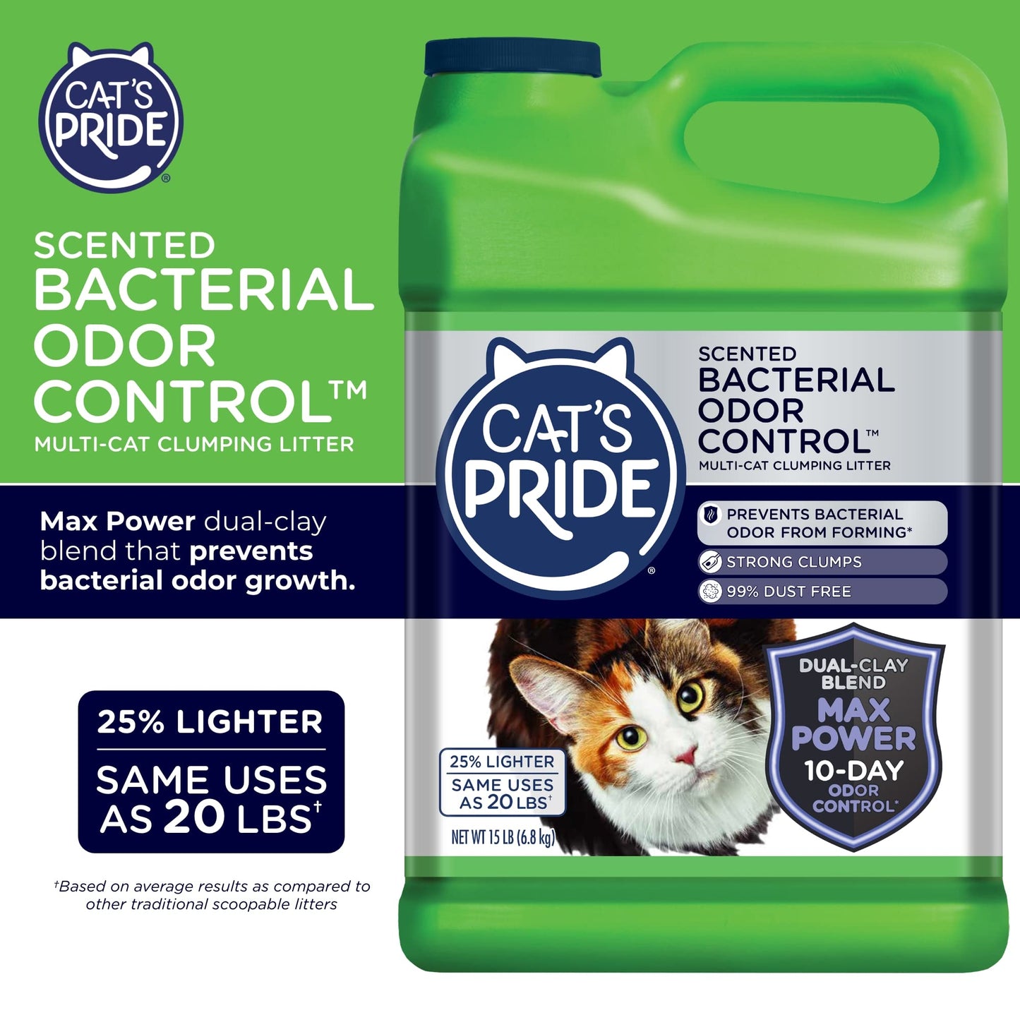 Cat's Pride Max Power: Total Odor Control - Up to 10 Days of Powerful Odor Control - Strong Clumping - 99% Dust Free - Multi-Cat Litter, Scented, 15 Pounds