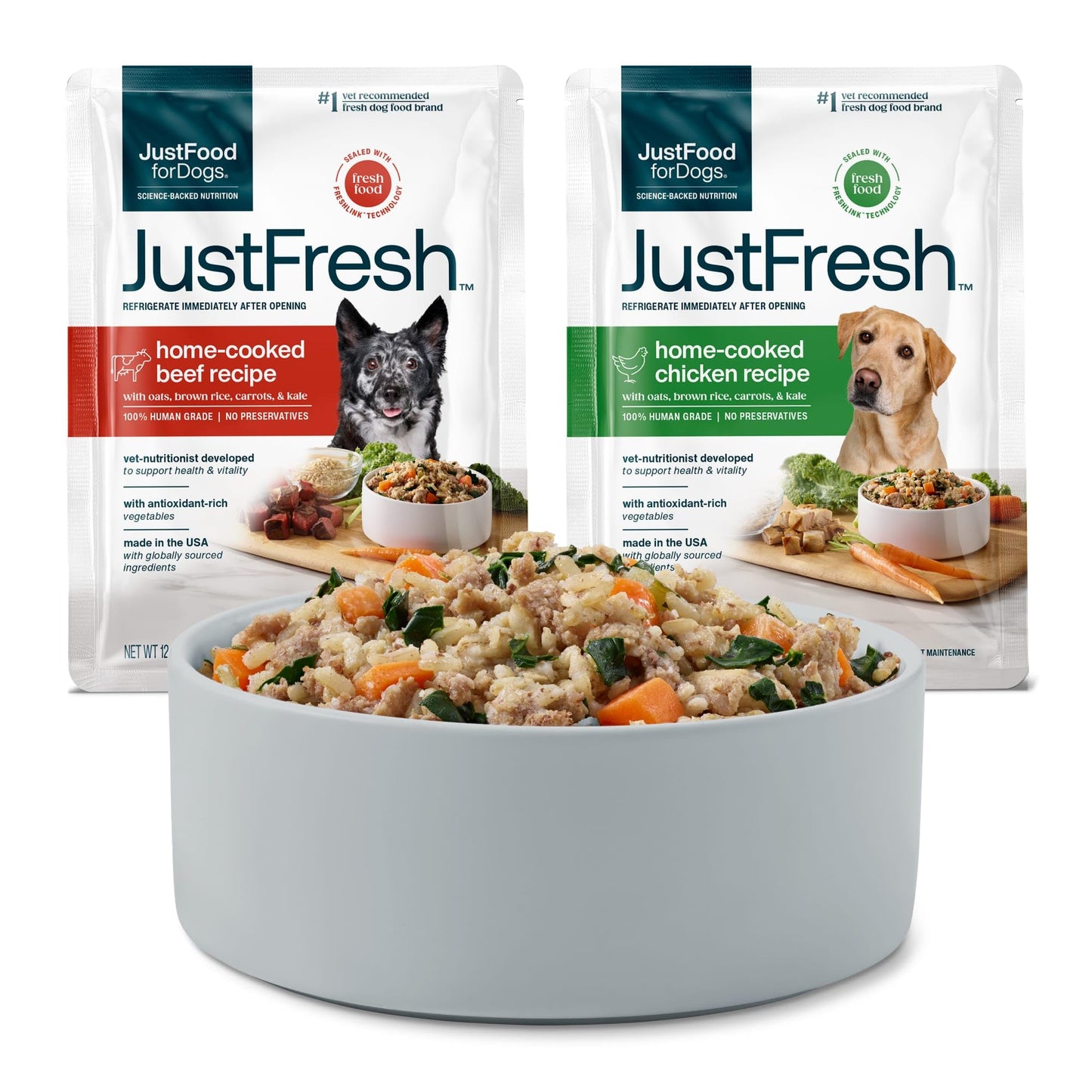 JustFoodForDogs JustFresh Wet Dog Food, Fresh Pet Meals and Toppers with No Preservatives, Resealable Package, Human Grade, Home-Cooked Chicken, 12 oz - 7 Pack
