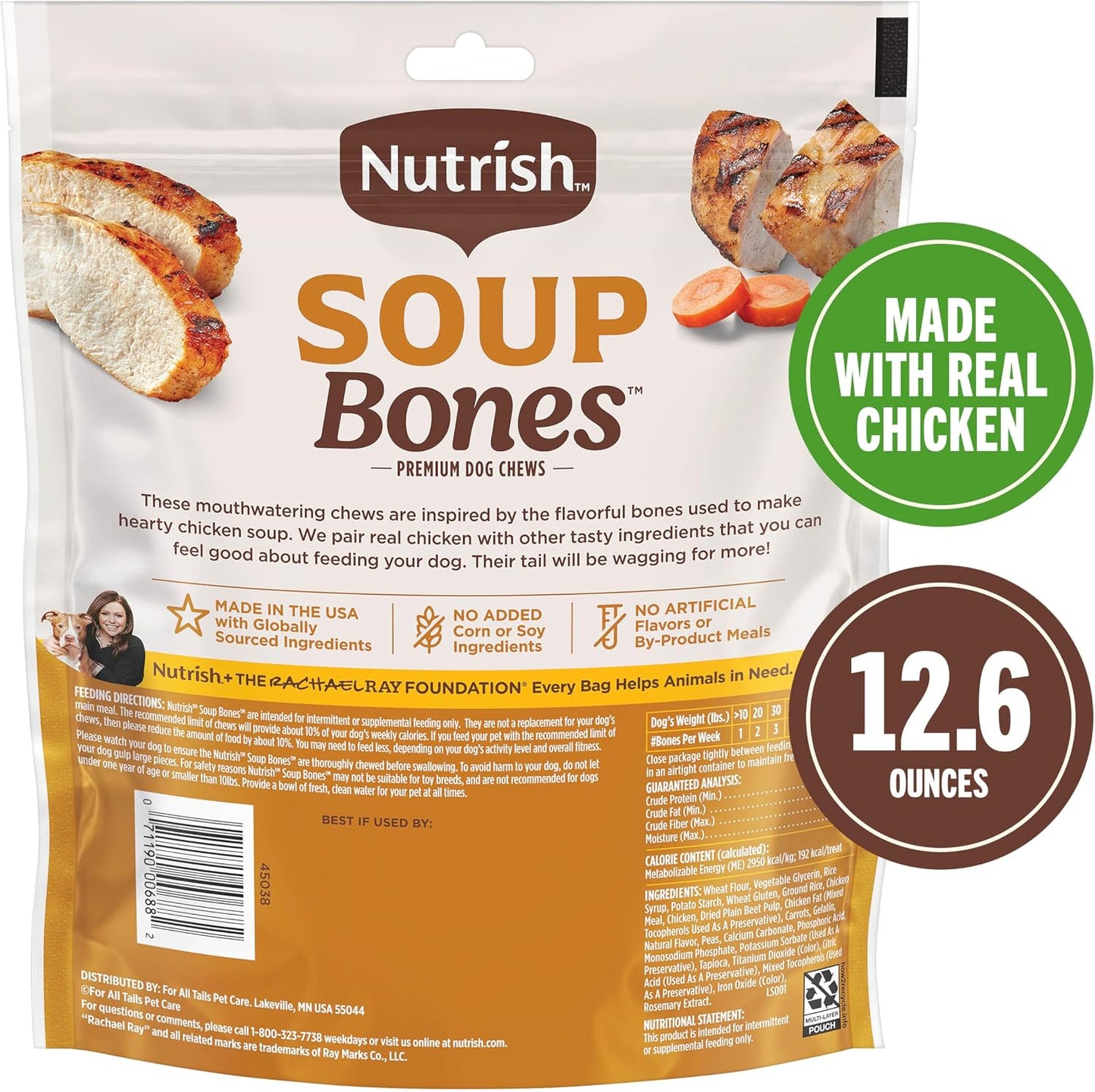 Nutrish Soup Bones Premium Dog Chews with Real Chicken and Veggies, 6.3 oz. Bag, Pack of 8 (Rachael Ray)